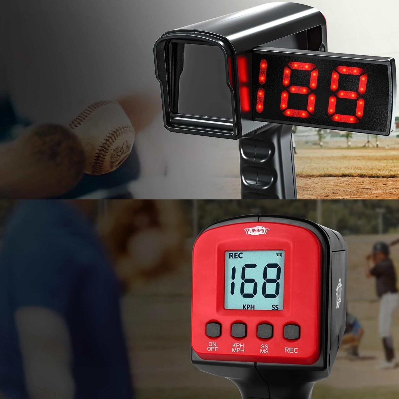 Playaput Speed Ball Radar – Geschwindigkeitsmesser für Bälle 5–199 km/h – Fußball, Tennis, Baseball – Handheld & Stativ – LED & LCD Anzeige
