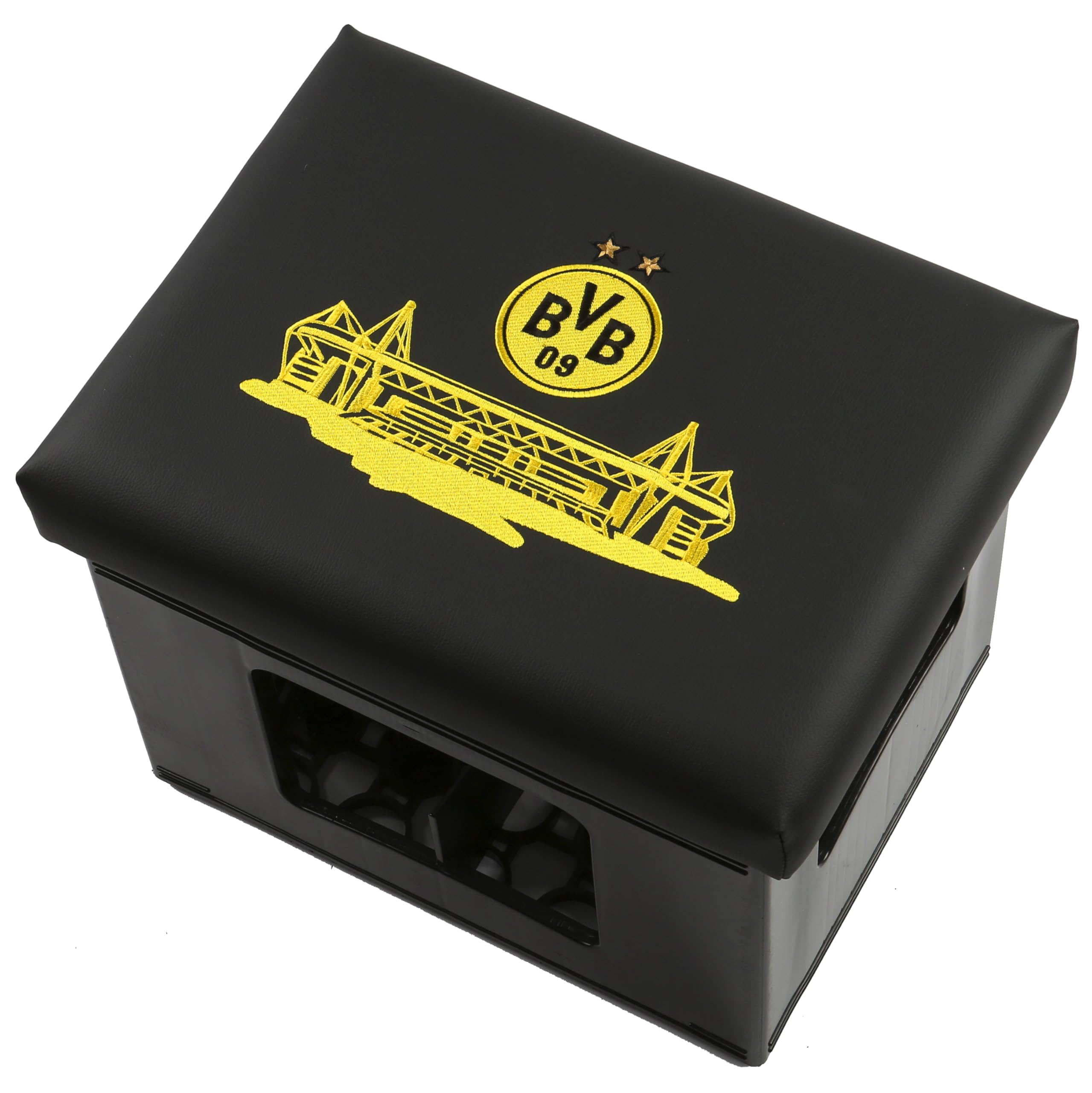 BVB Bierkastensitz aus Kunstleder 42x32x6,5 cm [höchster Sitzkomfort] Bierkasten Sitzauflage als BVB Fanartikel für Garten, Partykeller oder unterwegs, Borussia Dortmund Geschenke für Männer
