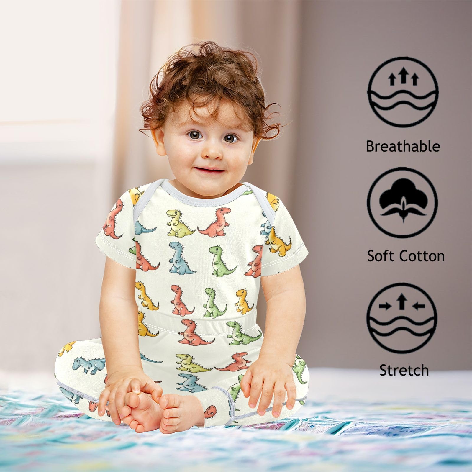 vvfelixl Baby Layette Sets Clothes,Colorful Dinosaurs Baby Bodysuits Set,Unisex Babys Pants Sets Short Sleeve 12-18M