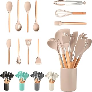 JUPPLIES Juego de Utensilios de Cocina de Silicona 12 Piezas con Mangos de Madera y Soporte Organizador – Set Antiadherente Resistente al Calor – Apto para Todas Las Ollas y Sartenes - Marrón