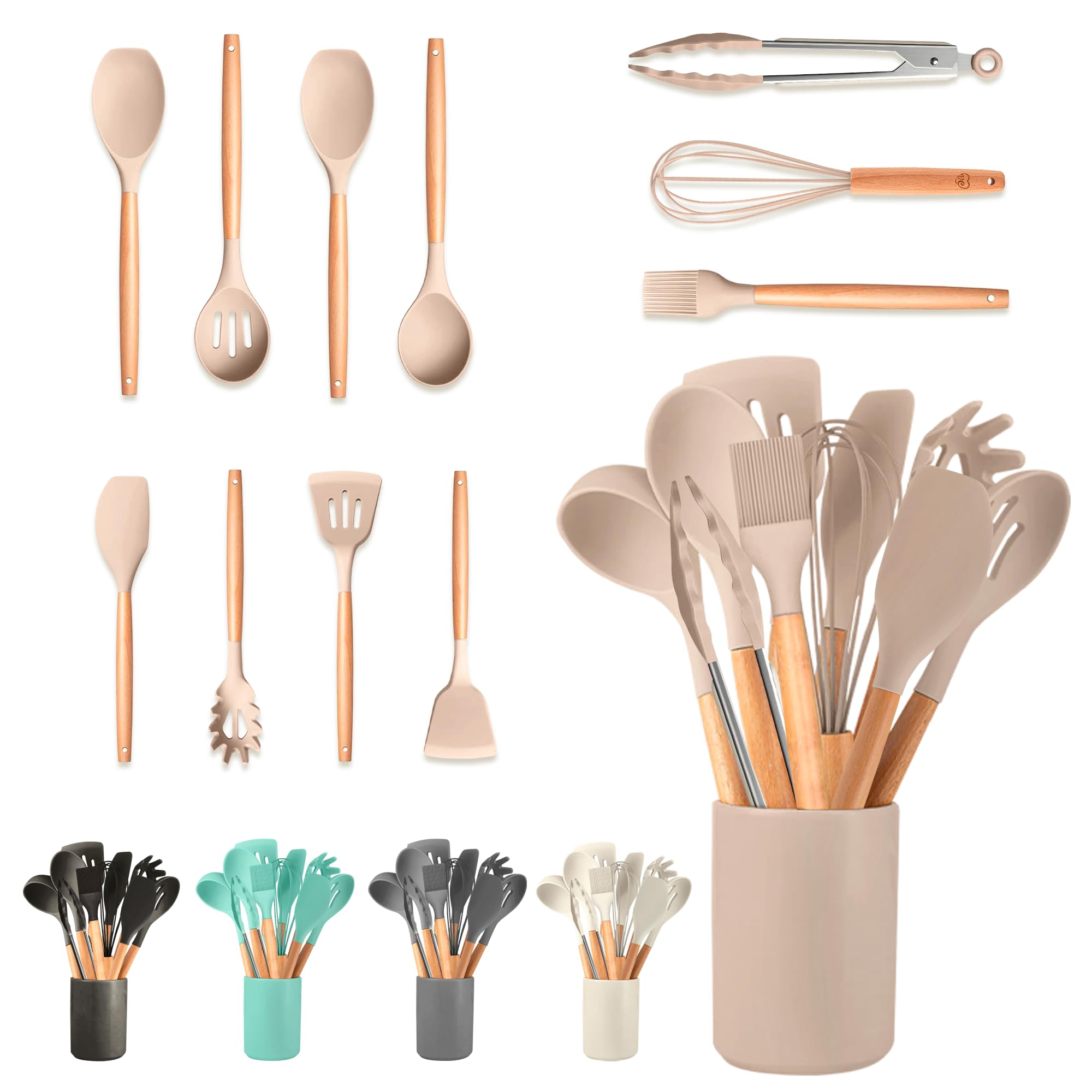 JUPPLIES Juego de Utensilios de Cocina de Silicona 19 Piezas con Cuchillos, Tijeras y Tabla de Cortar – Set Antiadherente Resistente al Calor – Apto para Todas Las Ollas y Sartenes - Beige — view 14