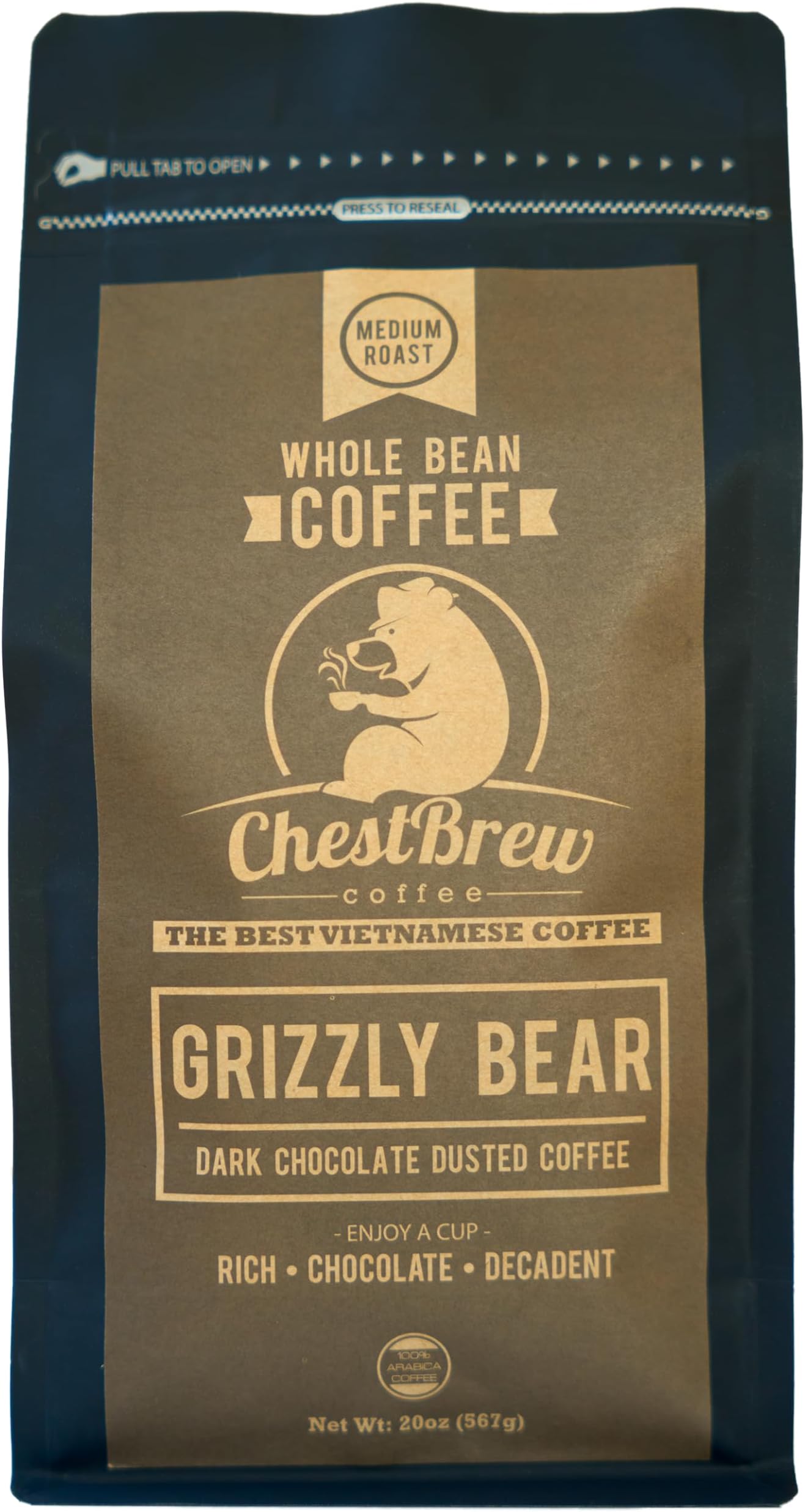 ChestBrew Grizzly Bear โ Chocolate Dusted Vietnamese Whole Bean Coffee, 20 oz