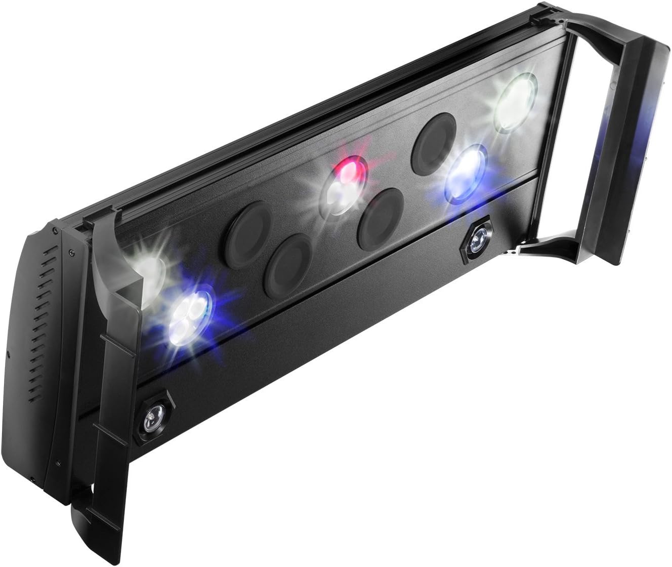 Coralife Fixture LED Aqualight 24-inch, showing the top-down view of the black fixture with multiple illuminated white, blue, and red LED lights.