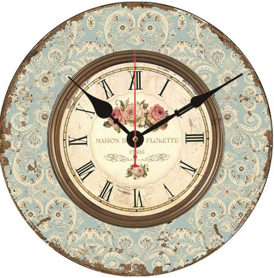 Wooden Wall Clock Celadon Floral Roman Round Wall Clock for