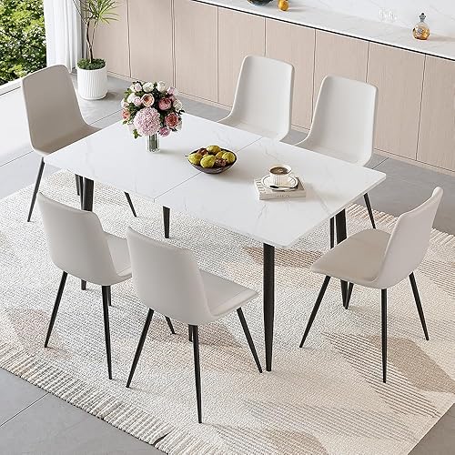 Miniatura 8 de FURNITO Juego de Mesa de Comedor de 7 Piezas, Mesa de Comedor Extensible de 59"-75" con 6 Sillas Tapizadas, Juego Blanco de Mesa y Sillas de Cocina