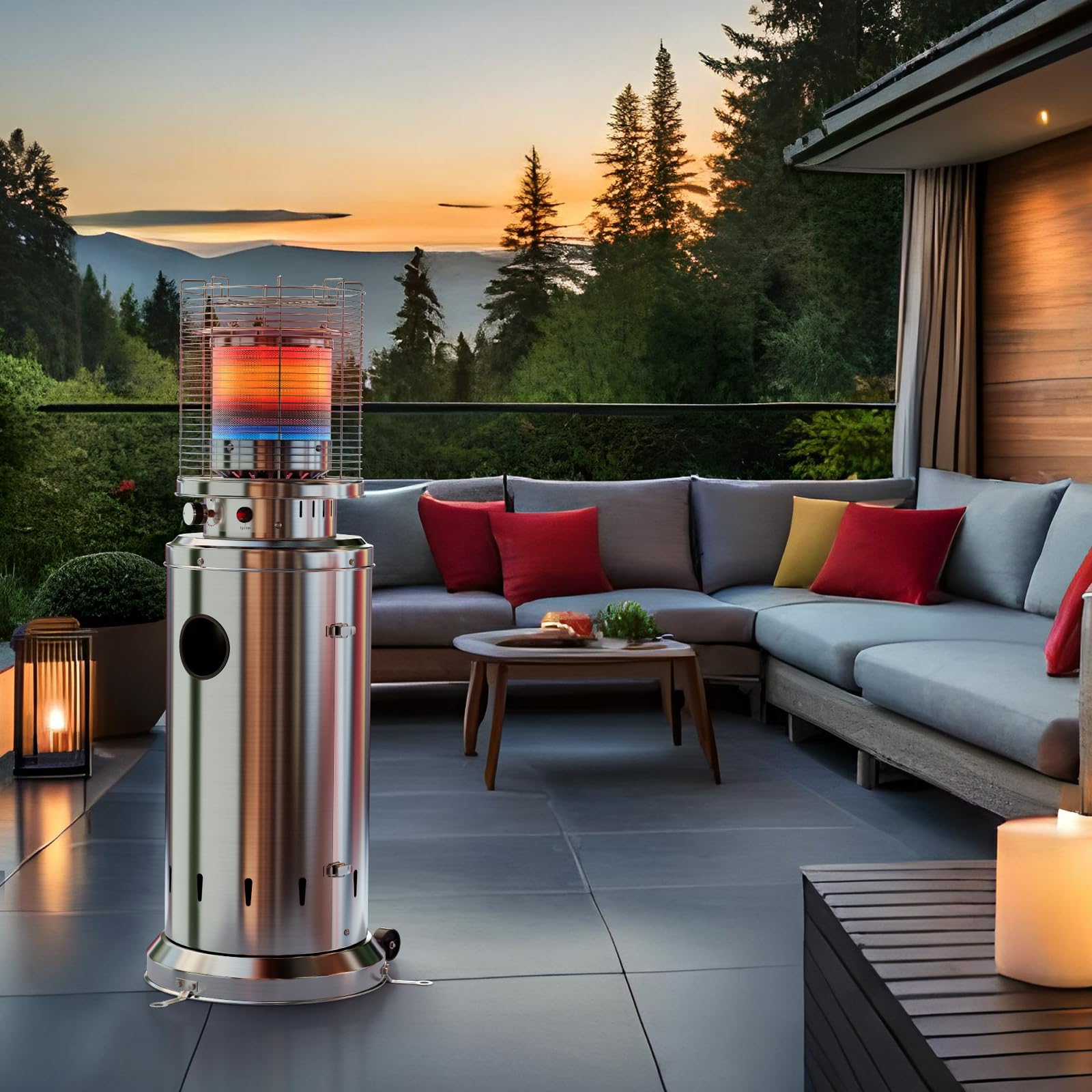 TLSUNNY Heizstrahler Terrasse, mit Schutzhülle und Piezoelektrische Zündung | Edelstahl Terrassenstrahler mit 2PCS Rädern, Terrassenheizer mit Heringen, 6,5 kW Gas Heizstrahler für Terrasse und Balkon