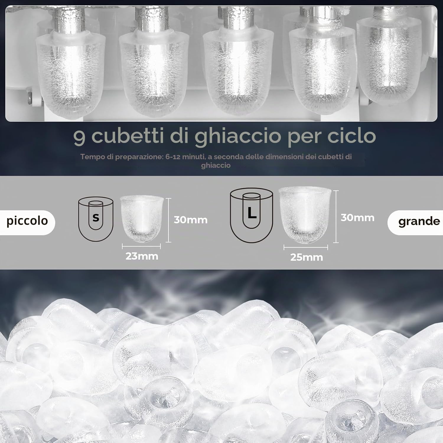 Macchina Ghiaccio, Macchina Ghiaccio Casa 12kg/24h, 9 Cubetti di Ghiaccio in 6 Minuti, 2 Dimensioni di Ghiaccio, Macchina del Ghiaccio Autopulizia, Macchina per il Ghiaccio con Maniglia/Cestello/Pala