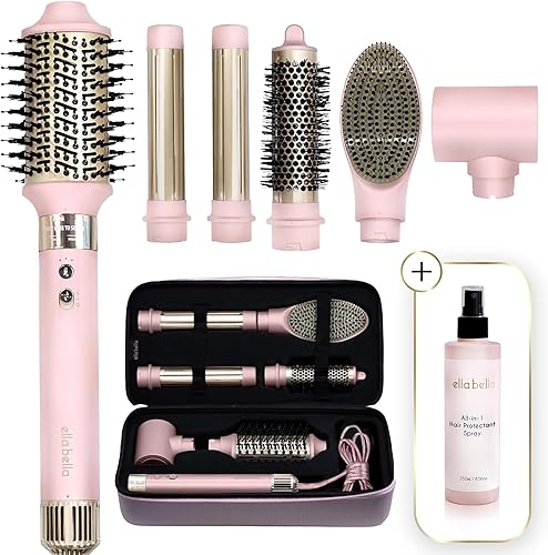 ELLA BELLA 6 en 1 Hot Air Styler Pink y Spray protector contra el calor  Potente juego de secador de pelo para rizar, voluminizar y alisar rápido,