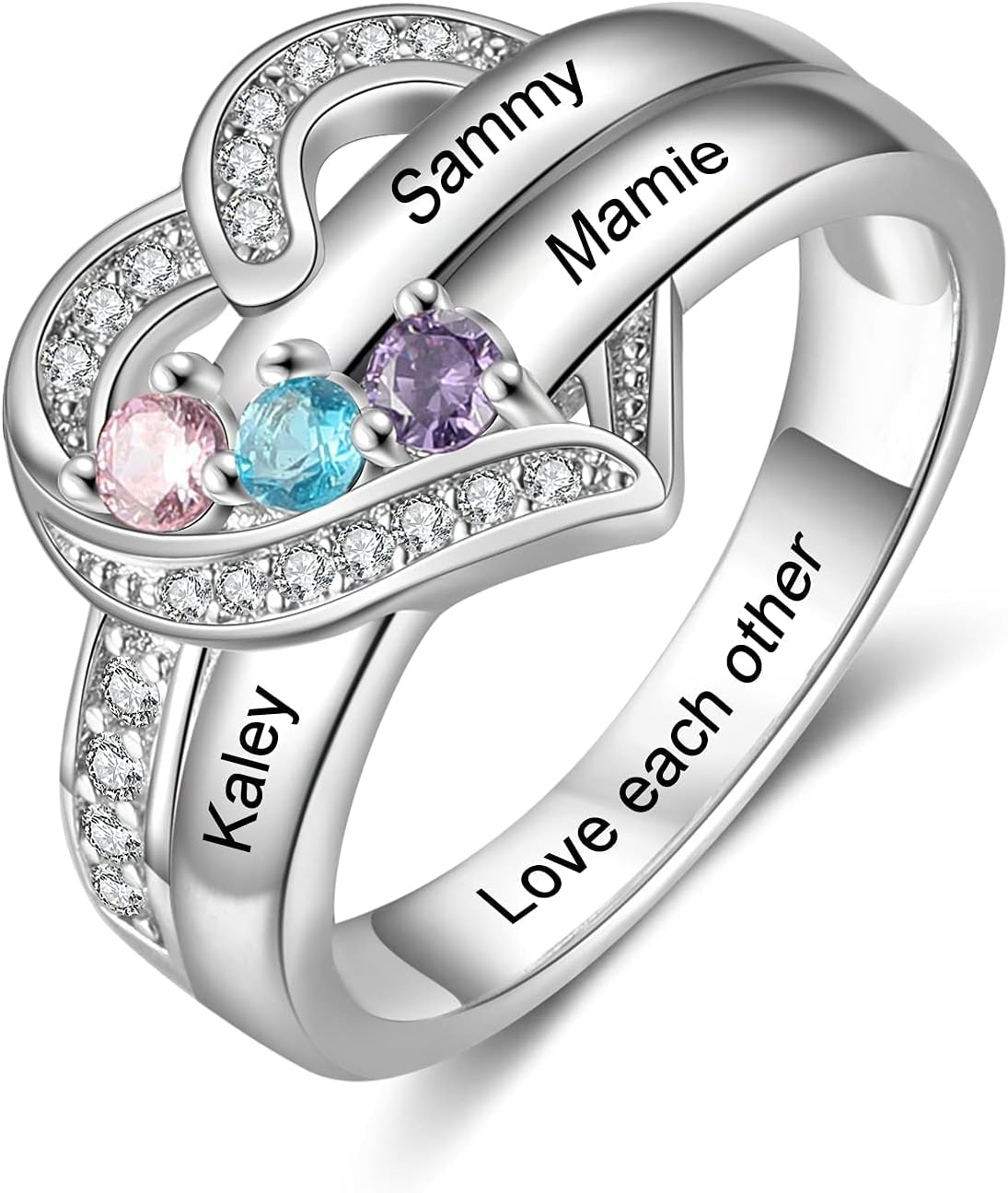 Personalized Engagement Women Rings Name Engraved with 3 Simulated Birthstones Promise Rings for Her
