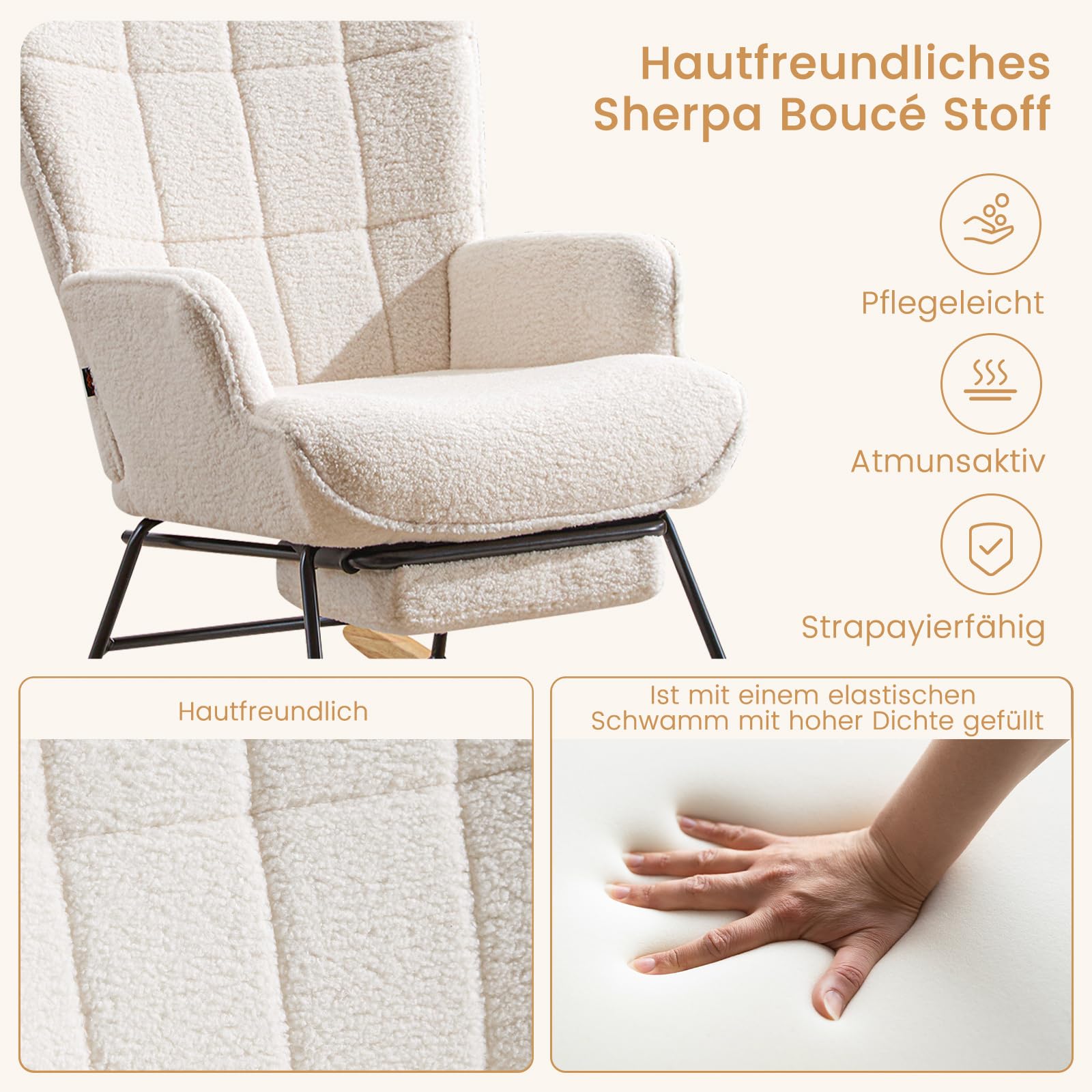 Schaukelstuhl mit Fußstütze, Schaukelsessel mit Fußstütze, Teddystoff Gepolsterter Lesesessel Relaxstuhl Sessel mit Holzkufen für Wohnzimmer Schlafzimmer, Elfenbeinweiß