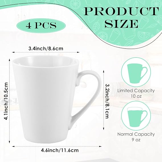 Coffee Mugs Set, 4 Pcs, White, 10 Oz, V-Shaped
