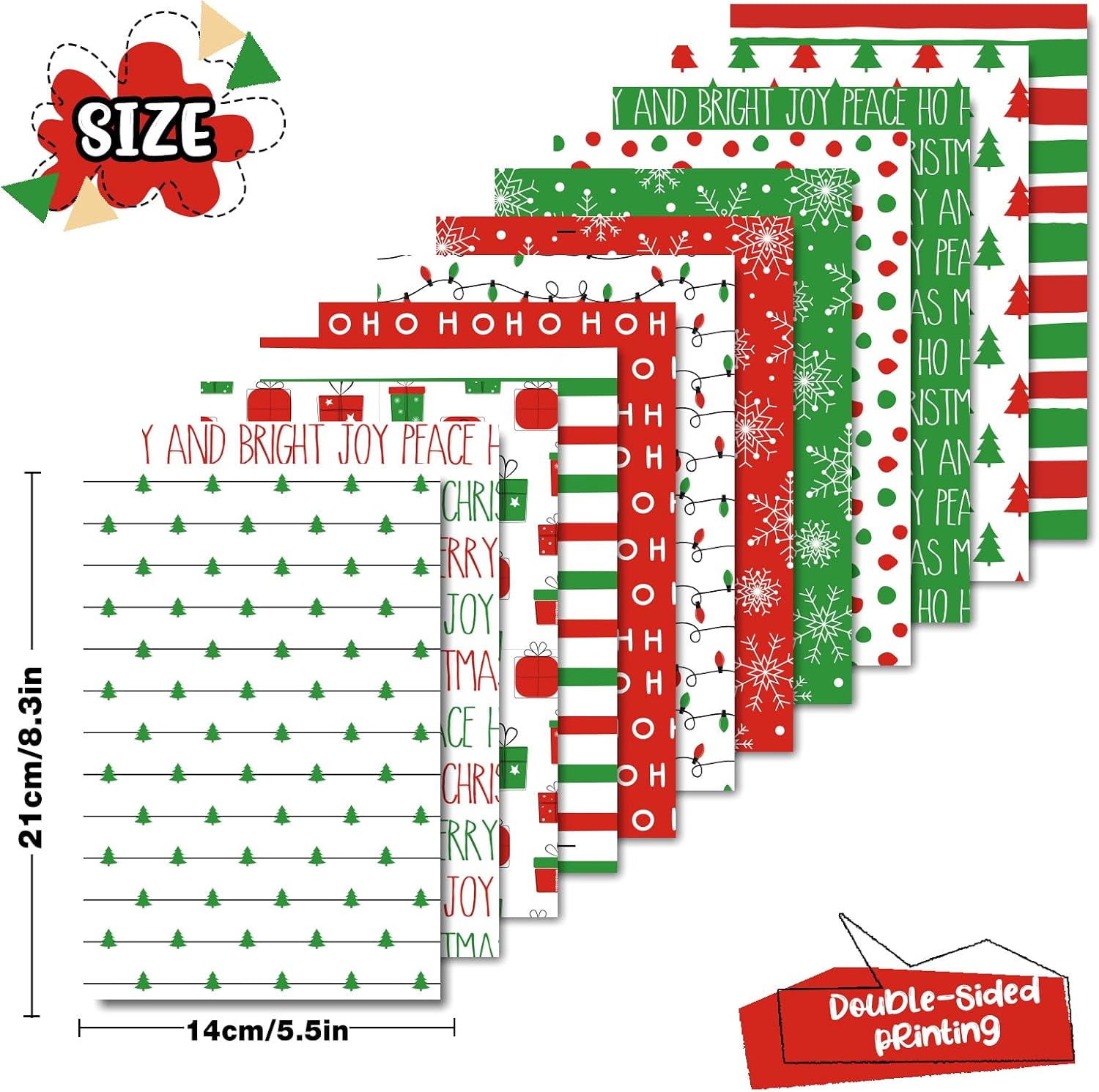 Whaline 60Pcs Merry Christmas Pattern Paper HOHOHO Scrapbook Specialty Paper Christmas Tree Snowflake Decorative Craft Papers for DIY Card Making Photo Album Journal Decoration, 5.5 x 8.3 Inch