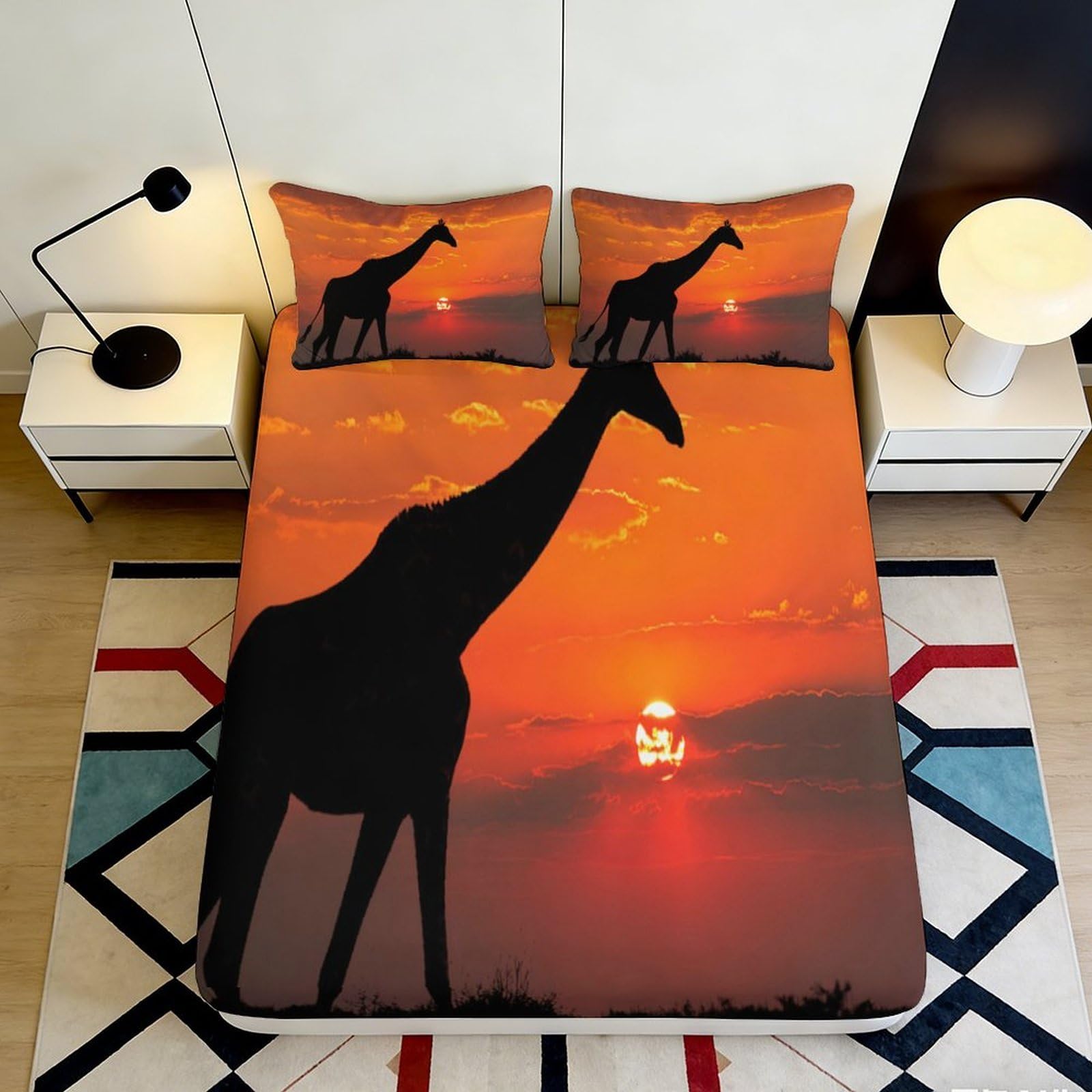 3D Printed Giraffe Sunset Fitted Sheet Microfiber Durable Easy Care Silhouette Bed Cover for Bedroom Dormitory Guest Room Mattress Protection 180x200x25cm