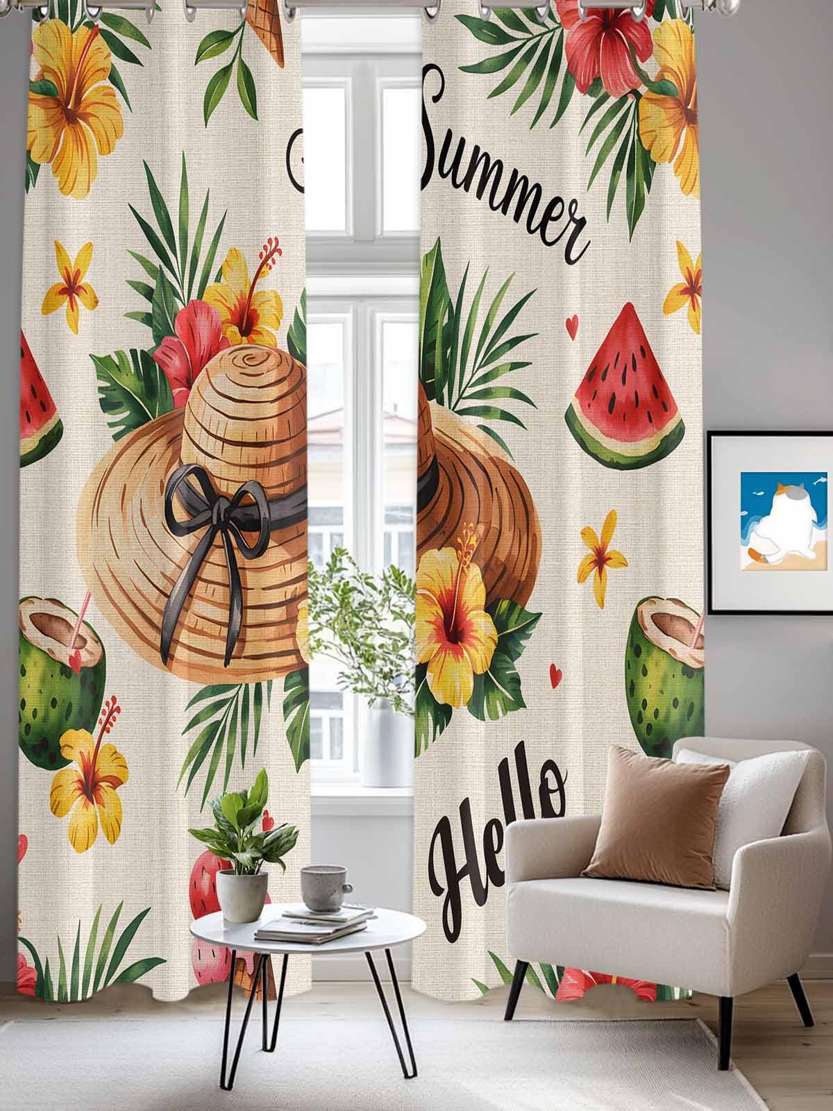 Summer Beach Window Curtains Panels with Silver Grommet,Straw Hat Coconut Watermelon Tropical Kitchen Cafe Curtain Draperies Window Treatment Set for Living Laundry Room/Bedroom/Bathroom/Cafe,84x84