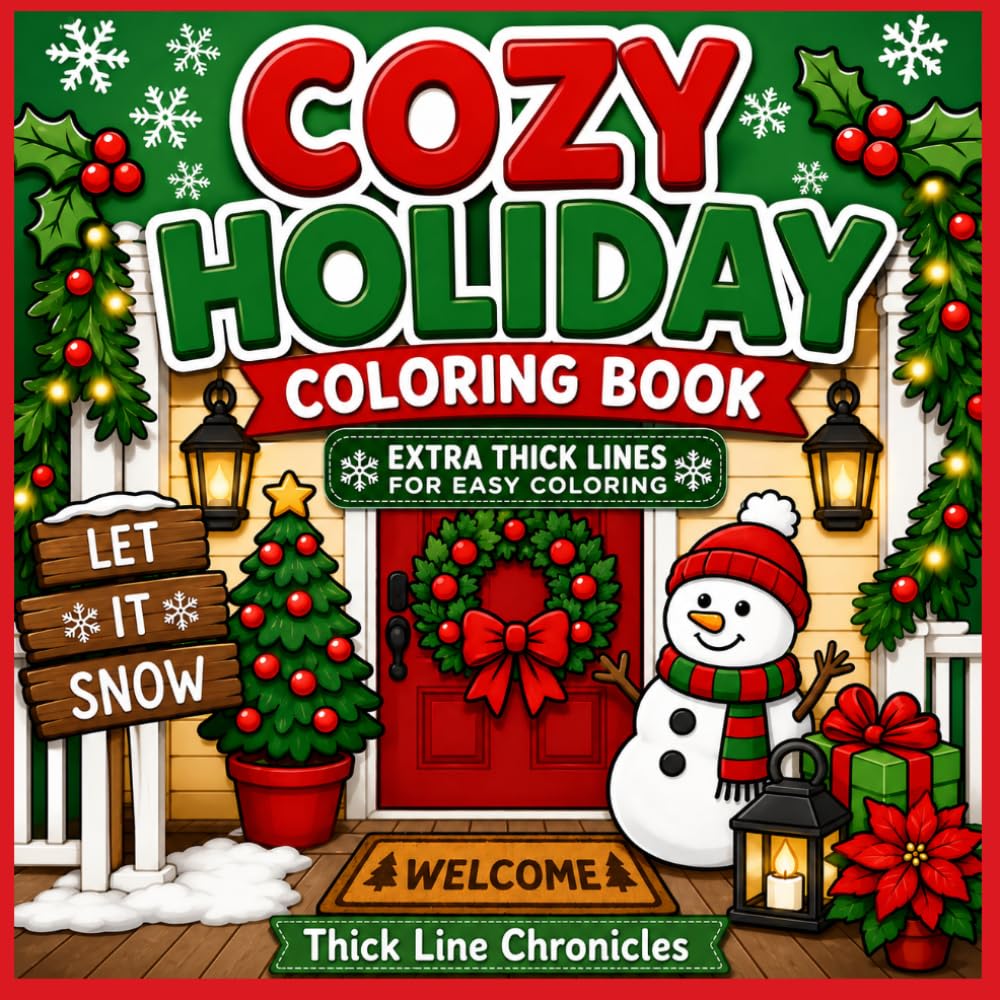 Cozy Holiday Coloring Book: Simple, Bold, Stress-Free Pages for All Ages (Thick Line Chronicles)