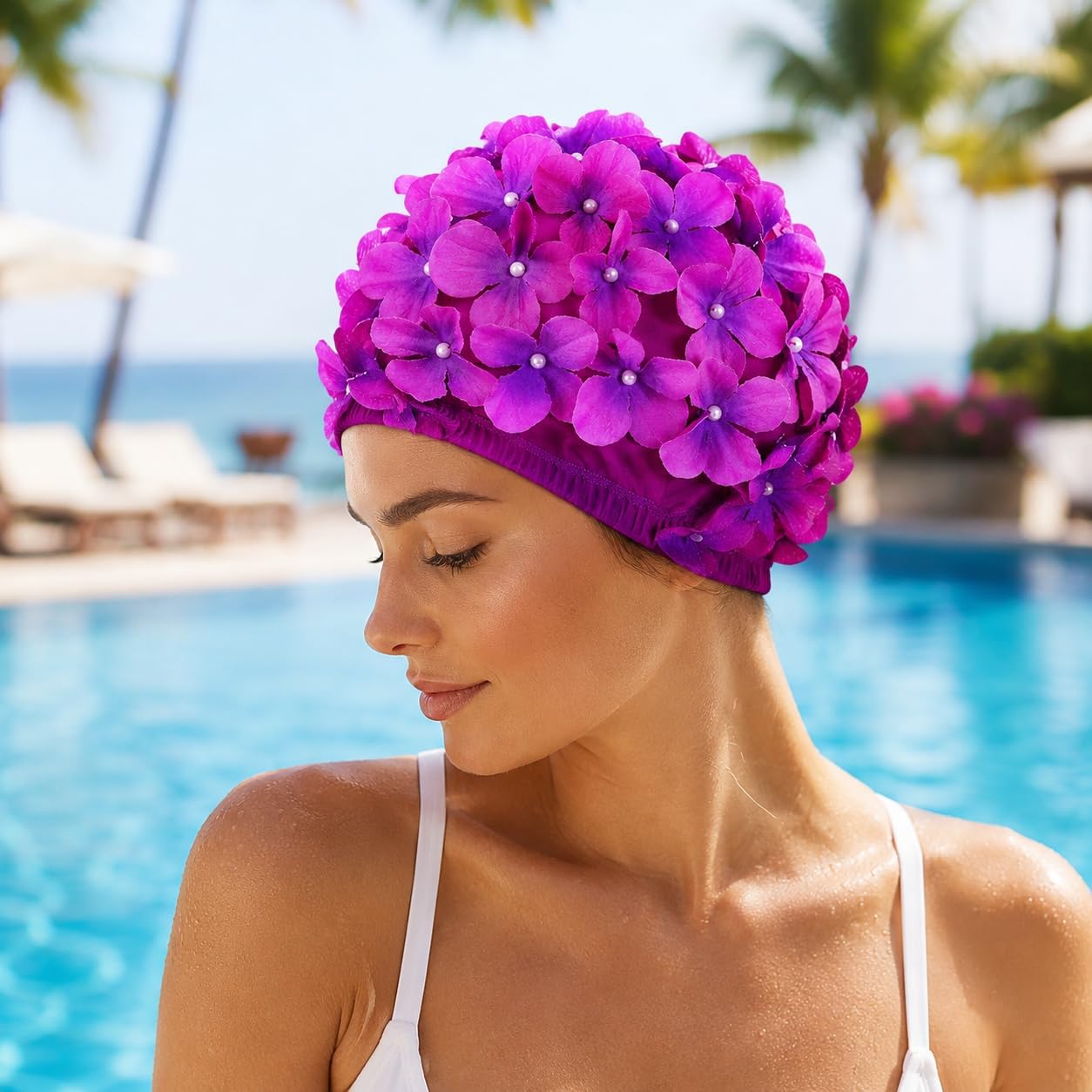 FAVOMOTO Badekappe Blumen: Badekappe Damen - 2pcs Badekappen für Schwimmer für Damen Handbuch Strass Floral Blütenblatt Retro Schwimmen Gap Badekappen Frauen Blumenblumenblatt Schwimmen