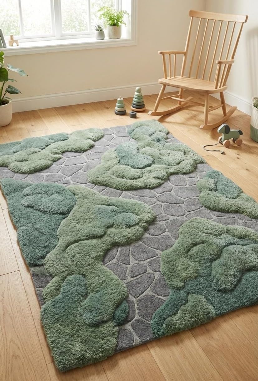 3D Pebble Stone Area Rug, Green Beige and Blush, Fluffy Tufted, Irregular Shape, Living Room Decor (Green with Grey, 8' x 10' Feet)
