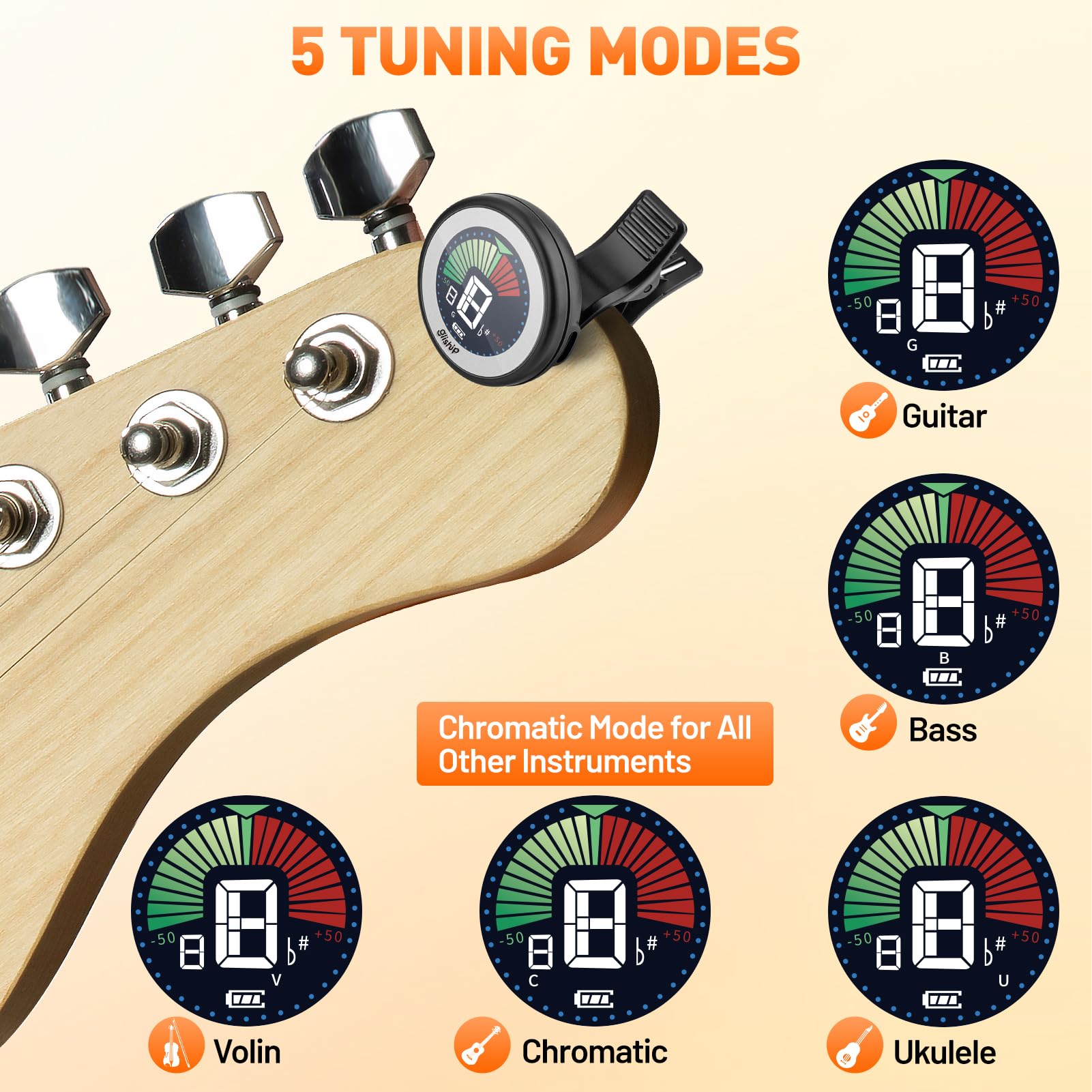 Guitar Tuner Clip On, gliship Electric Guitar Tuner Violin Ukulele Bass Chromatic, Clip On Tuner Rechargeable with Color Display for Acoustic Guitar Tuner Quick Accurate for Professional Beginners