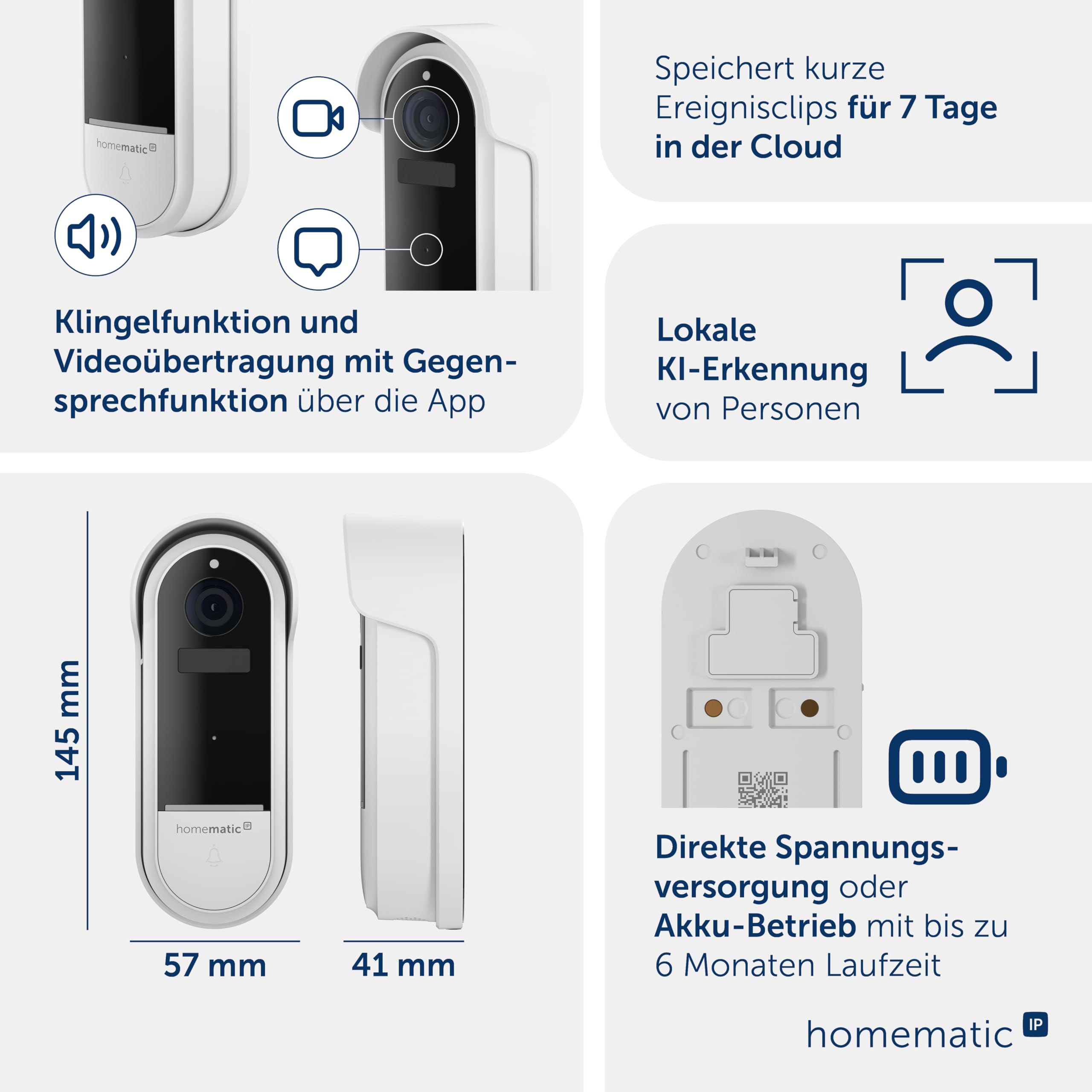 Homematic IP Video-Türklingel, Smart Home, kabellose Türklingel-Kamera mit AI Personenerkennung, Zwei-Wege-Audio, Nachtsicht, 162945A0