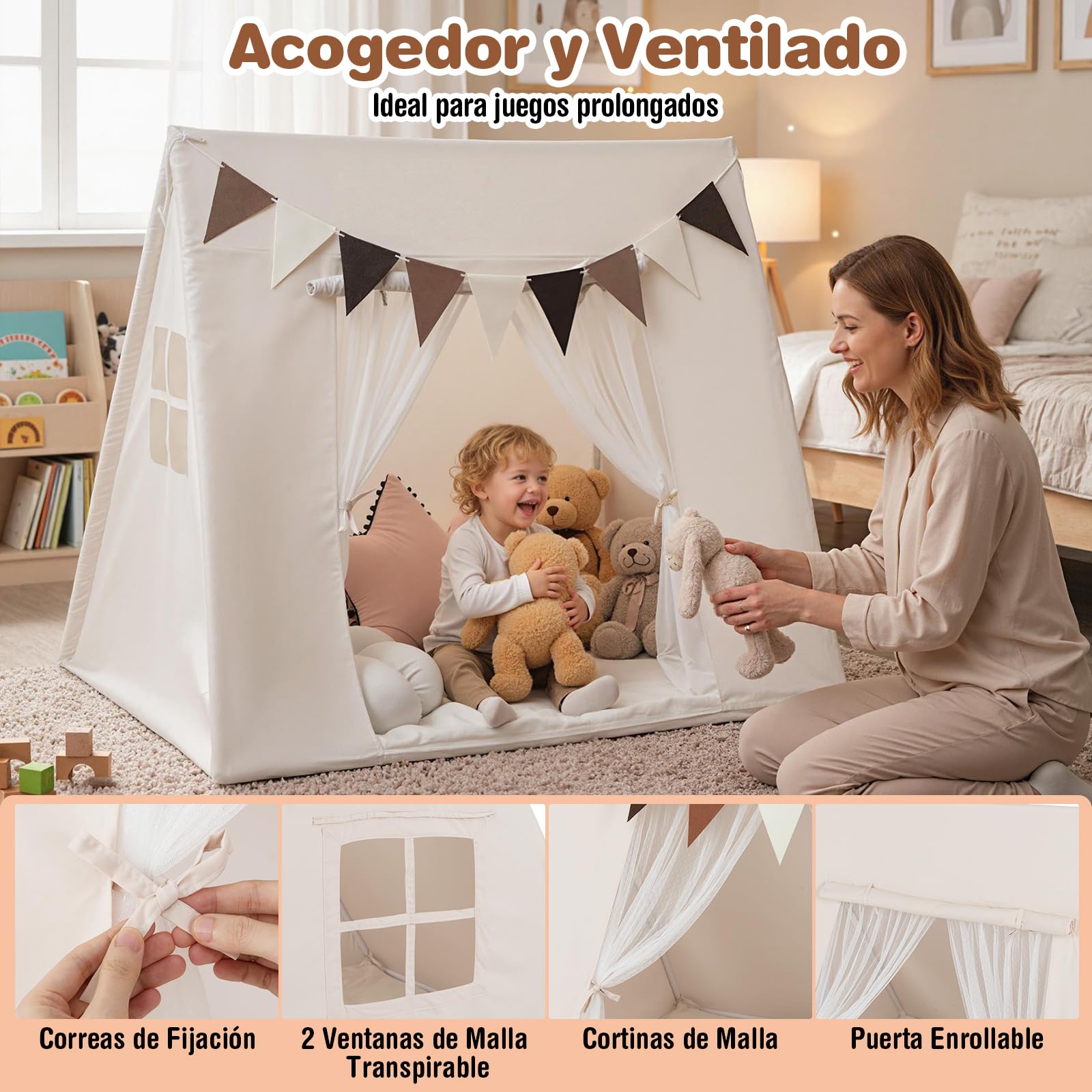 COSTWAY Tienda Campaña Infantil, Casita Infantil Interior con Alfombra Acolchada Lavable, Banderas Coloridas, Casita Niños Tela para Niños de 3+ Años, para Rincón de Lectura, Sala de Juegos