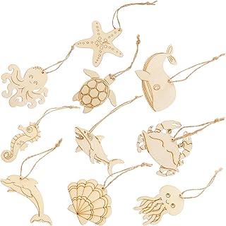 60pcs Ocean Animal Wooden Cutouts DIY Wood Chips for Crafts Turtle Octopus Crab Shapes Unfinished Natural Wood Ornaments for Handmade Scrapbooking and Party Decorations