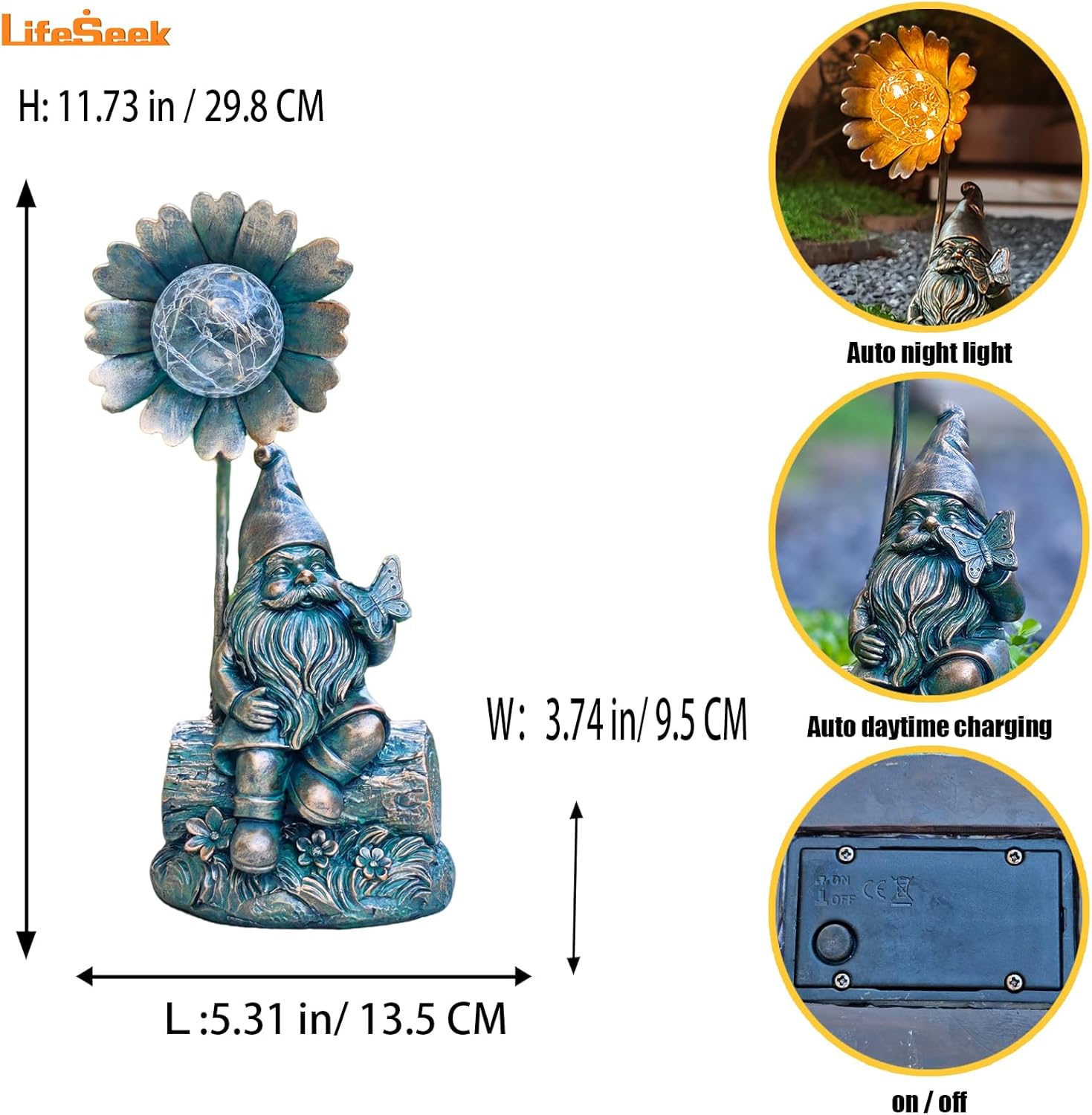 Solar Gnome Sculpture with Butterfly on Hand, Wood Base & Iron Flower Glass Ball for Outdoor Garden