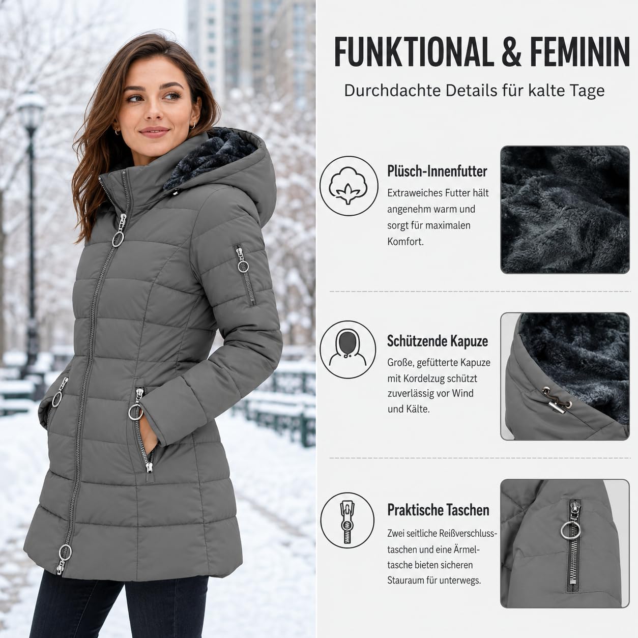 Wintermantel Damen - Lang Warmer Gefüttert Winterjacke Fleece Daunenjacke Mit Kapuze Winddicht Outdoorjacke Große Größen Damenmantel Winter Mantel Bequeme Parkajacke Kapuzenjacke, S-5XL