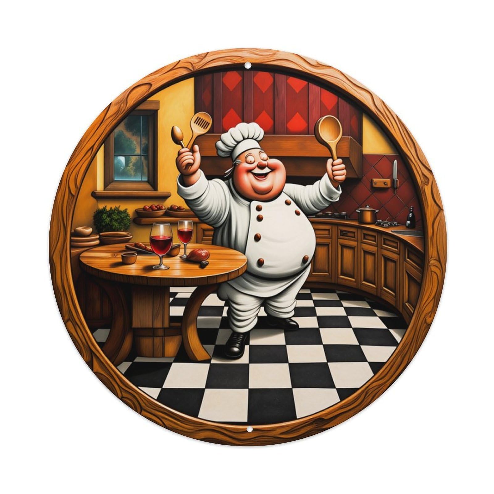 Chef Kitchen Table Wine Spoon Round Tin Sign Vintage Metal Poster, Home Bar Garage Man Cave Cafe Indoor & Outdoor Wall Decoration 8x8Inches