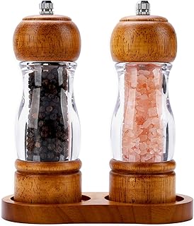 2 Pcs Vintage Wooden Pepper Mill Grinder Set with Base - 6.3 inches Acrylic Salt & Pepper Shakers with Adjustable Coarseness, Refillable Manual Ceramic Core Grinder for Kitchen, Home, Gift