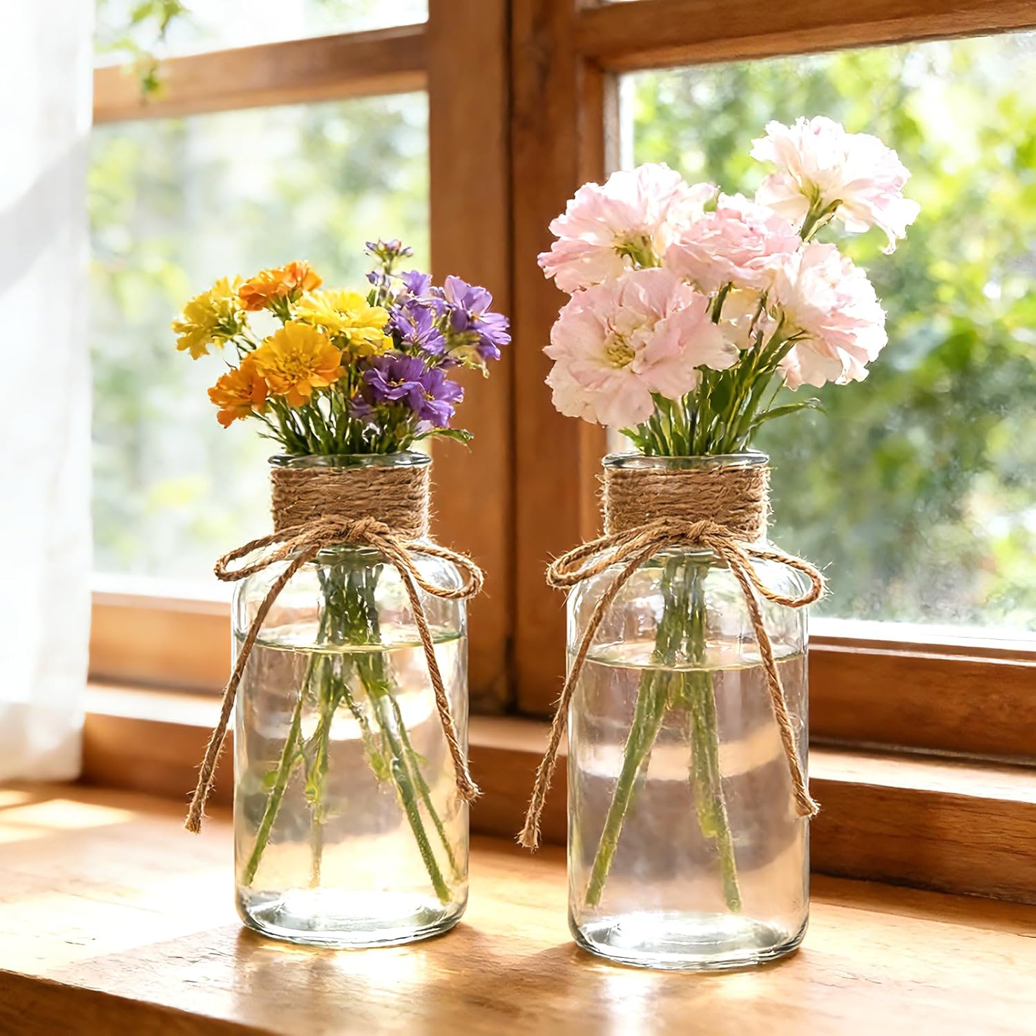 12 Pack Glass Flower Vases with Rope,Brajttt Vintage Bud Vases in Bulk,Mason Jars for Centerpieces,Flower Vase for Centerpieces and Tag for Weddings,Home Decor & DIY Projects