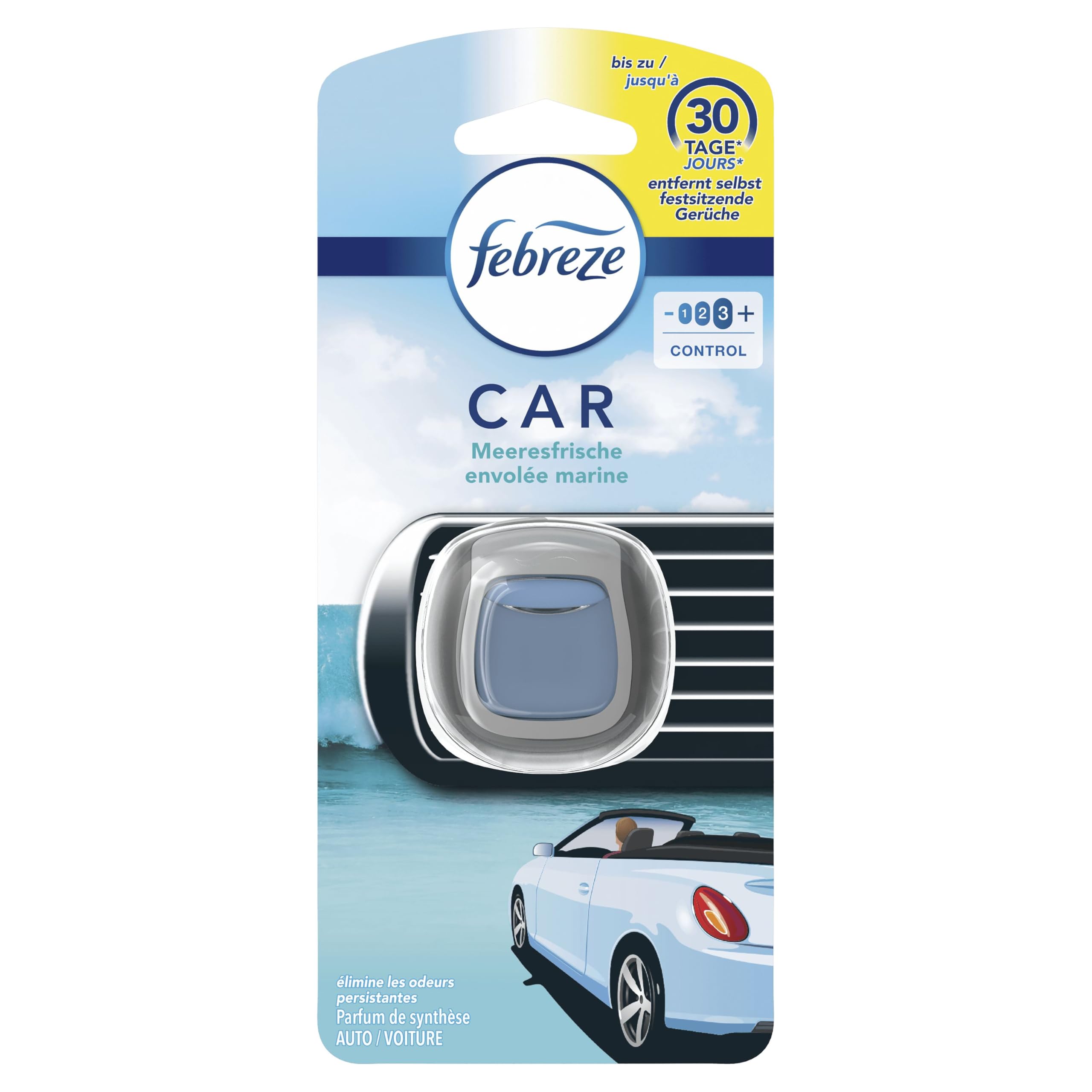Febreze Désodorisant Voiture, 6 Unités, Envolée Marine, Parfum Voiture Élimine les Odeurs et Rafraîchit L’intérieur
