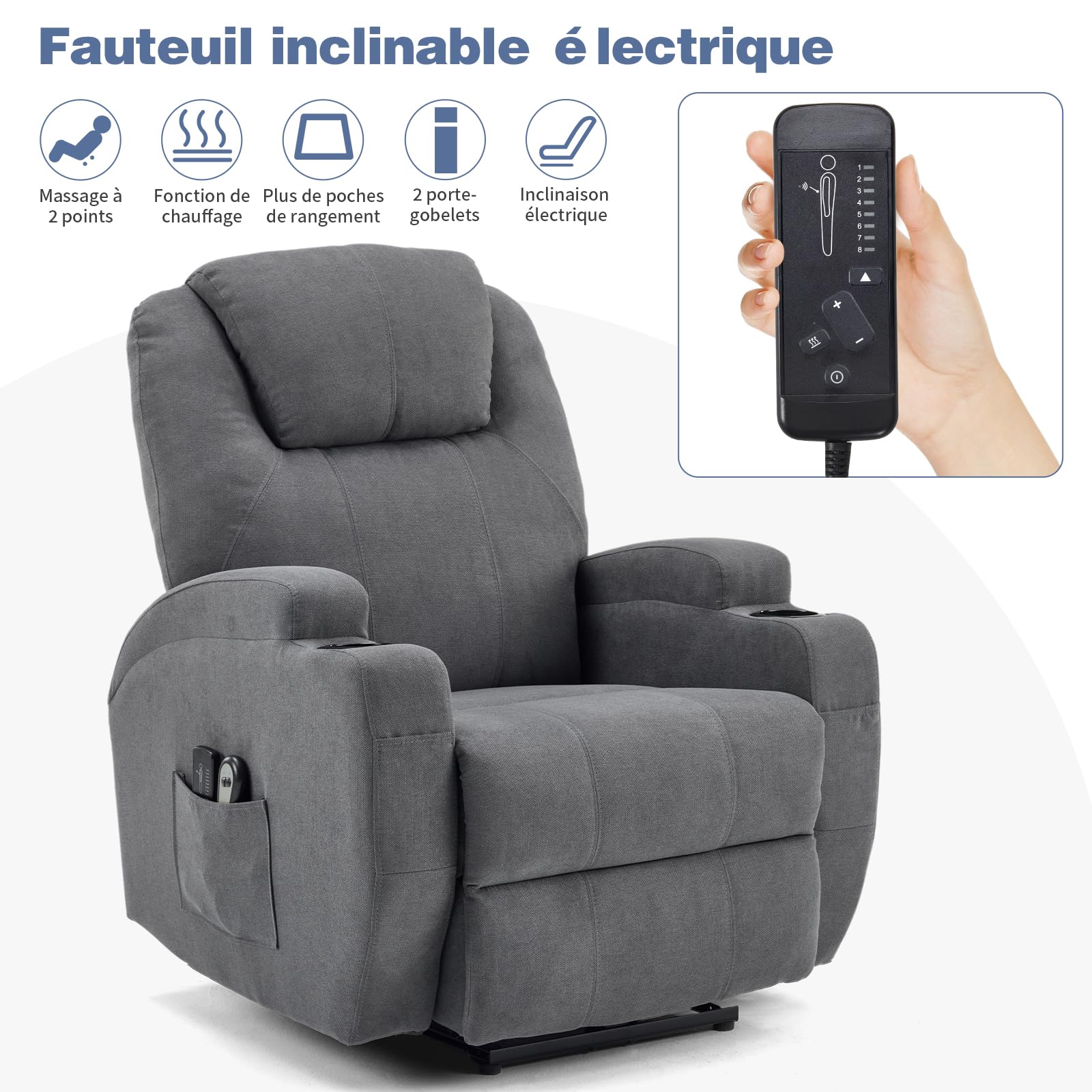 LEADZM Silla eléctrica, Silla de Relax eléctrica, Con función de masaje | de calefacción, control remoto de inclinación relajante con reposapiés, capacidad de carga, 160 kg, gris oscuro