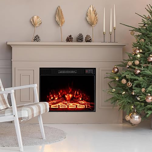 Miniatura 9 de Tangkula Chimenea eléctrica de 23 pulgadas, inserto de chimenea de 5,000 BTU con control remoto, 3 colores de llama y niveles de brillo, calentador