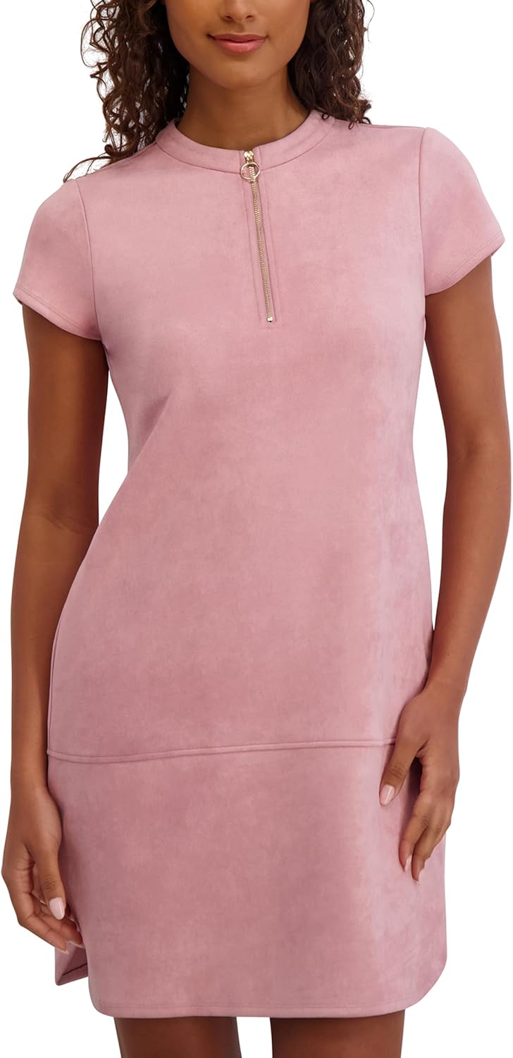 Kensie Womens Short Sleeve Round Neck Stretch Faux Suede Sheath Dress
