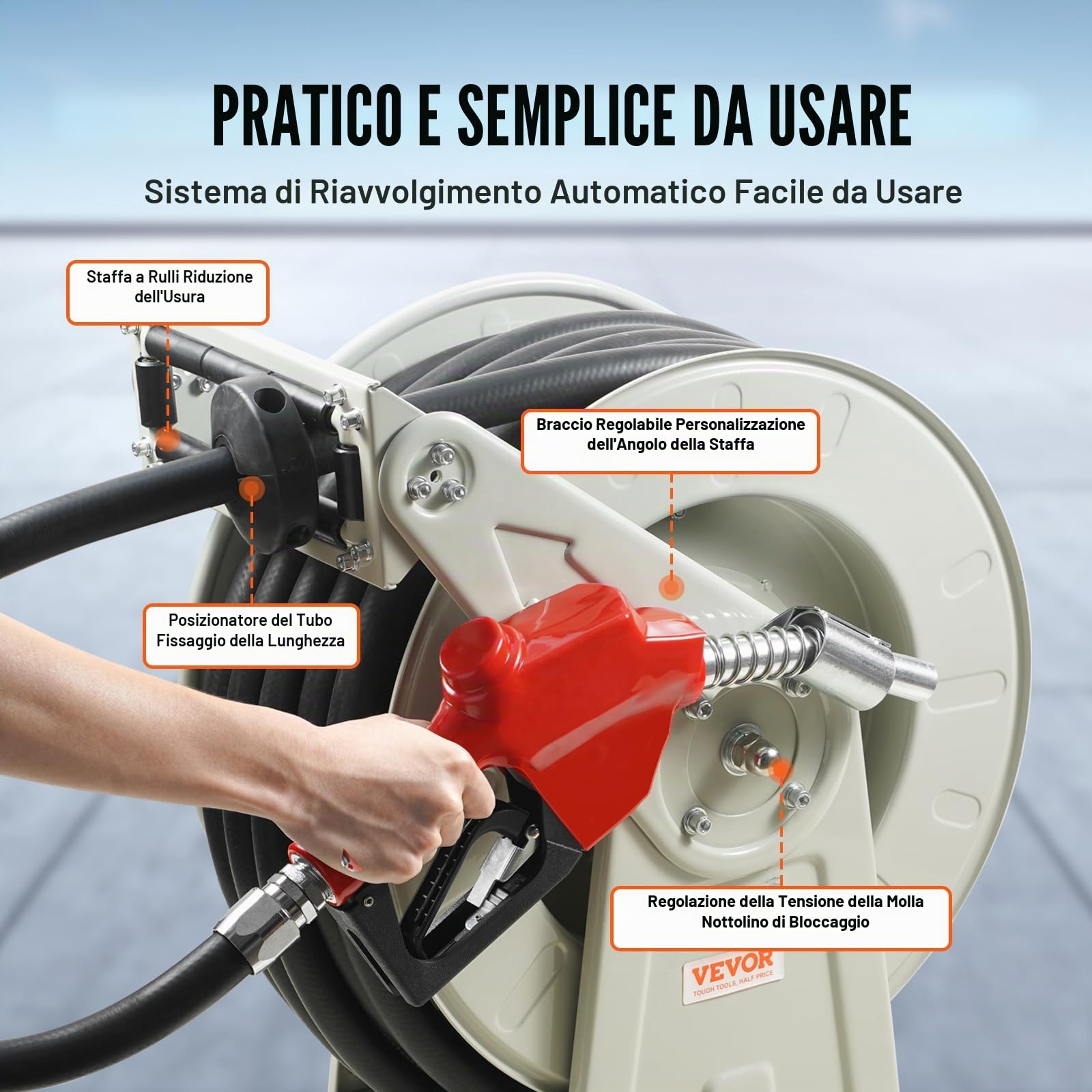 VEVOR Avvolgitubo Carburante, 3/4" x 50', Avvolgitubo Diesel Retrattile NPT 3/4" in Acciaio al Carbonio con Ugello Carburante 300 PSI, Tubo in Gomma NBR per Camion Cisterna di Veicoli Nave Aereo