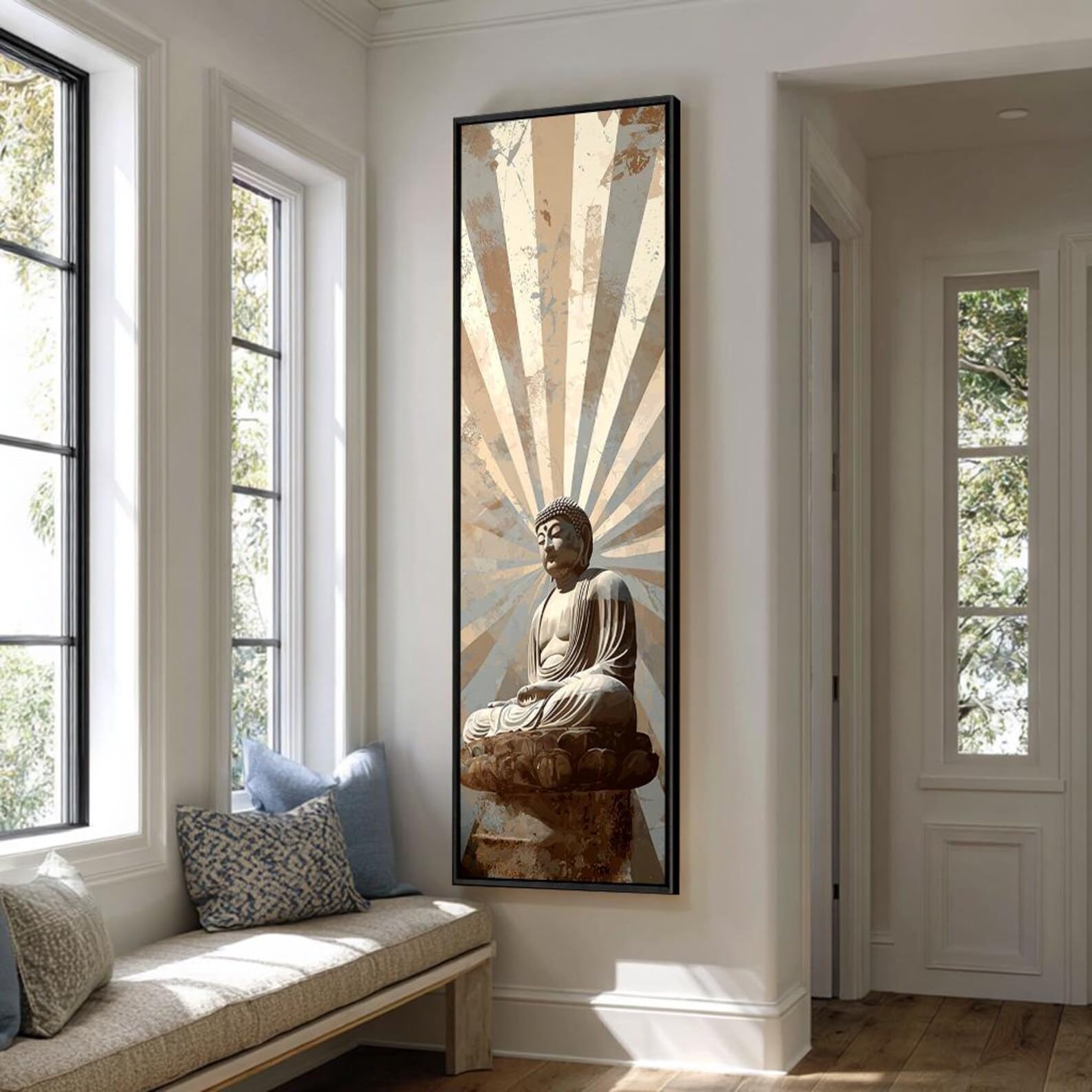 XINBAO Lienzo con la imagen de Buda, decoración zen vertical para estudio de yoga, arte mural budista de gran tamaño, láminas espirituales altas y estrechas (50x150cm/sin marco).