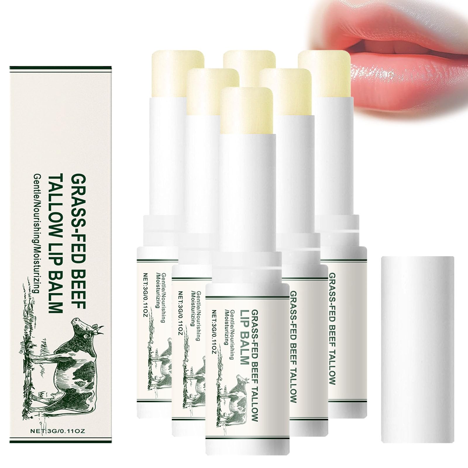 Balsamo per labbra di sebo di manzo, sebo di manzo naturale, idratante idratante, cura delle labbra con balsamo sebaceo rivestito in erba, lenisce le labbra screpolate, secche e sensibili (6)