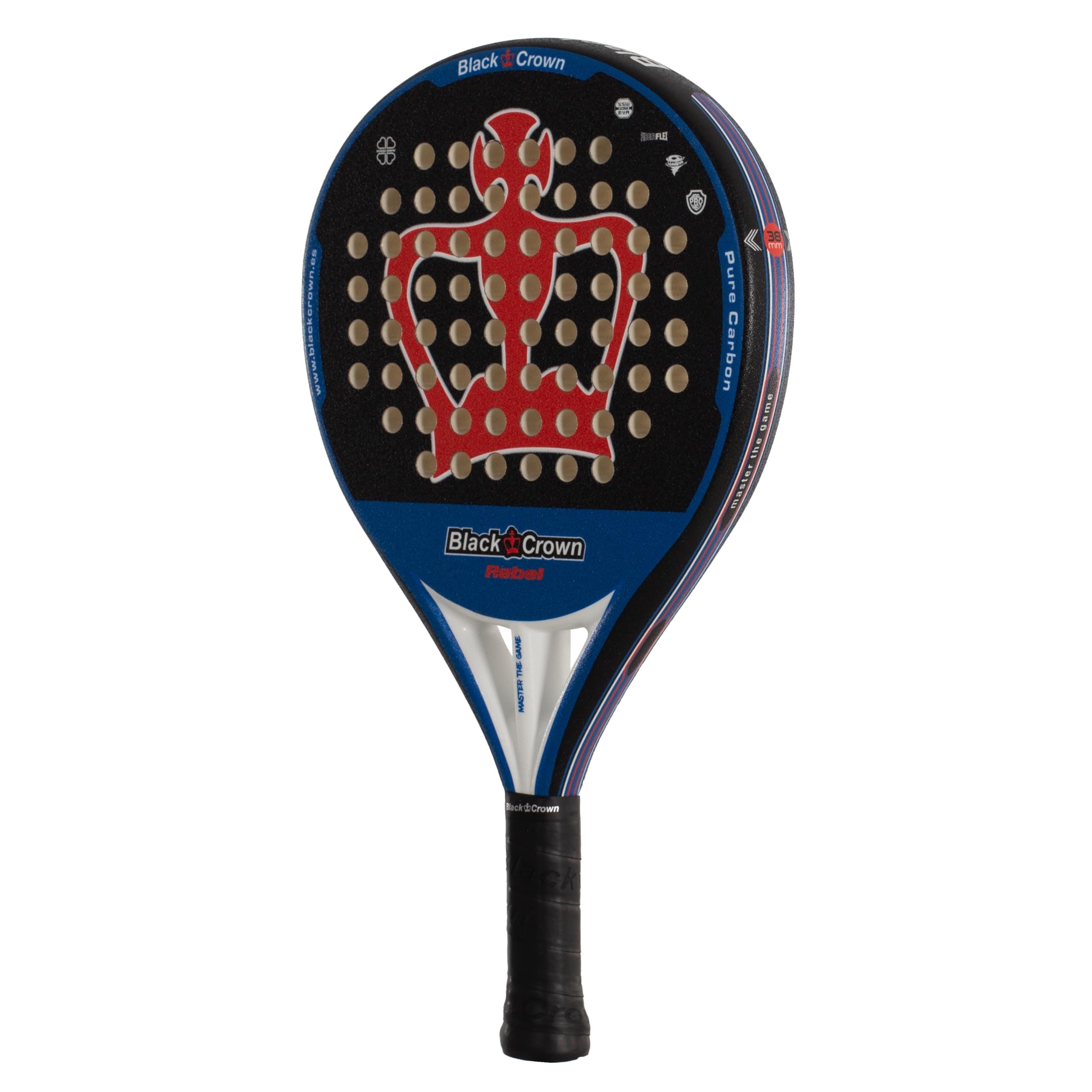 Black Crown - Pala de Pádel Modelo Rebel - Pala Equilibrada - Peso 355-370g - Marco Tubular Carbono 80% 38mm, Forma Redonda - Potencia 50%, Control 50%.
