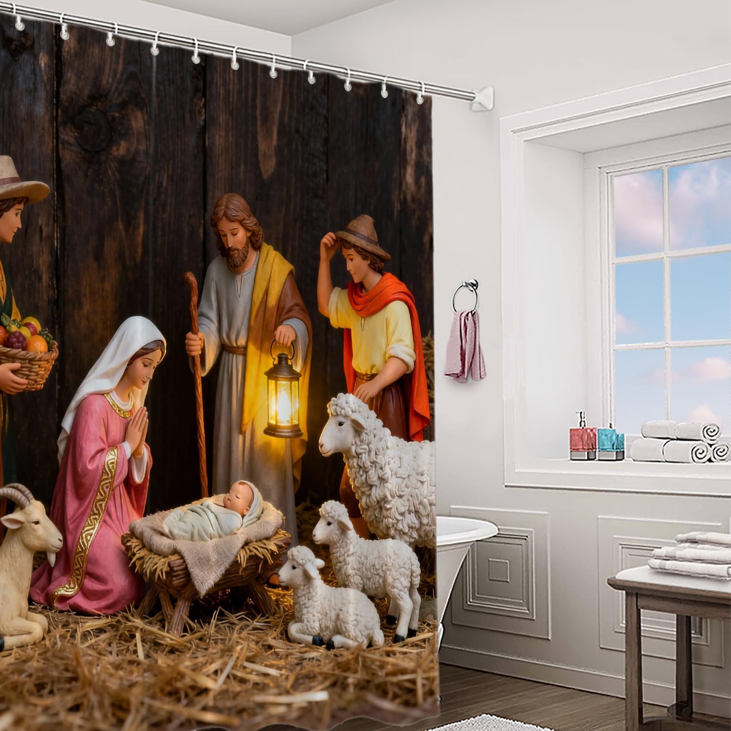 Wood Christmas Jesus Baby Decorative Shower Curtain, Christian Christmas Nativity Jesus Religious Decor Shower Curtain for Shower Stall Bathroom Resistant Waterproof Standard Size 72x72 Inch