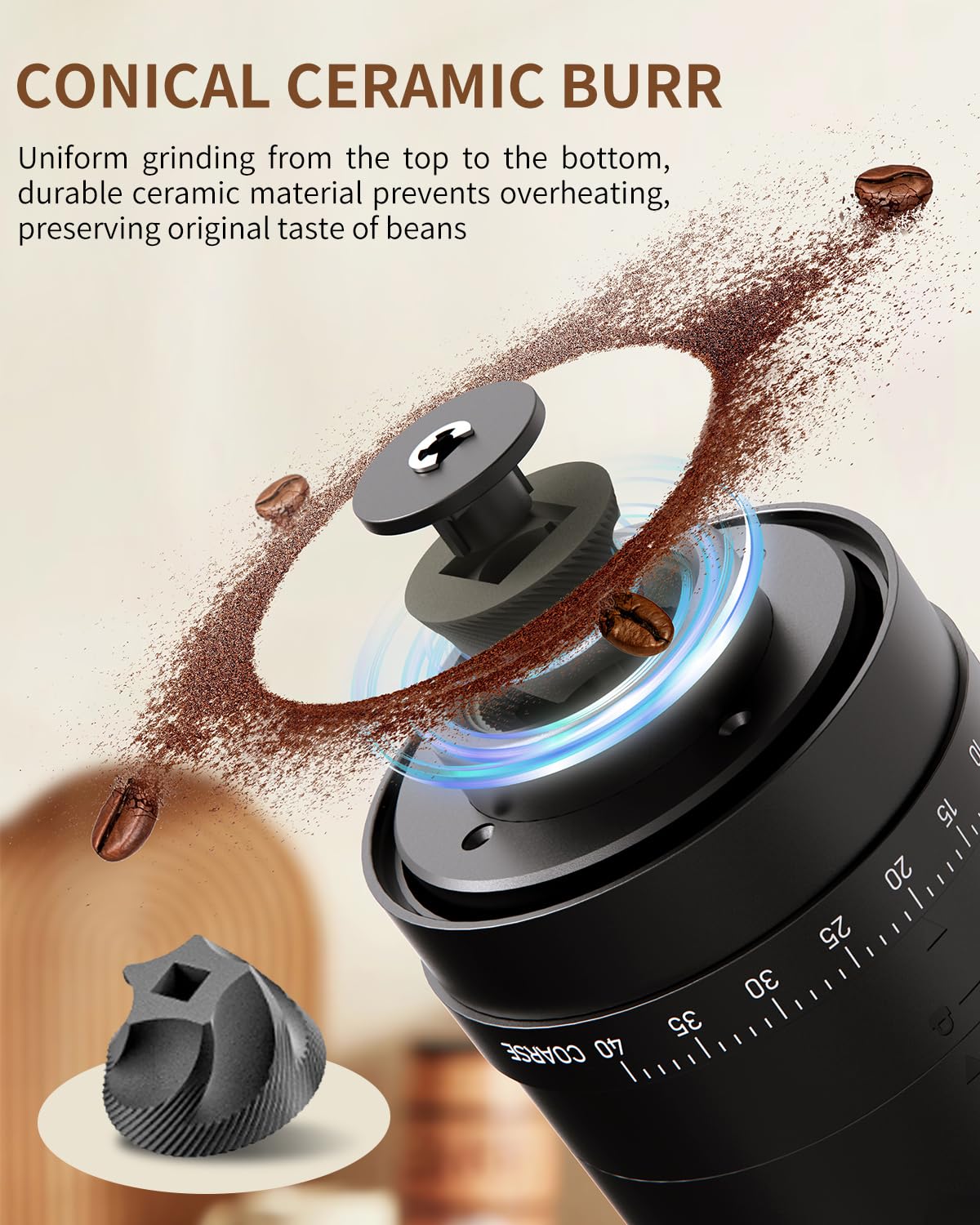 CIRCLE JOY Macinacaffè elettrico a cono, ricaricabile a bassa velocità e nucleo in ceramica resistente al calore, regolazione esterna della grana grossa, filtro caffè e 50 filtri di carta