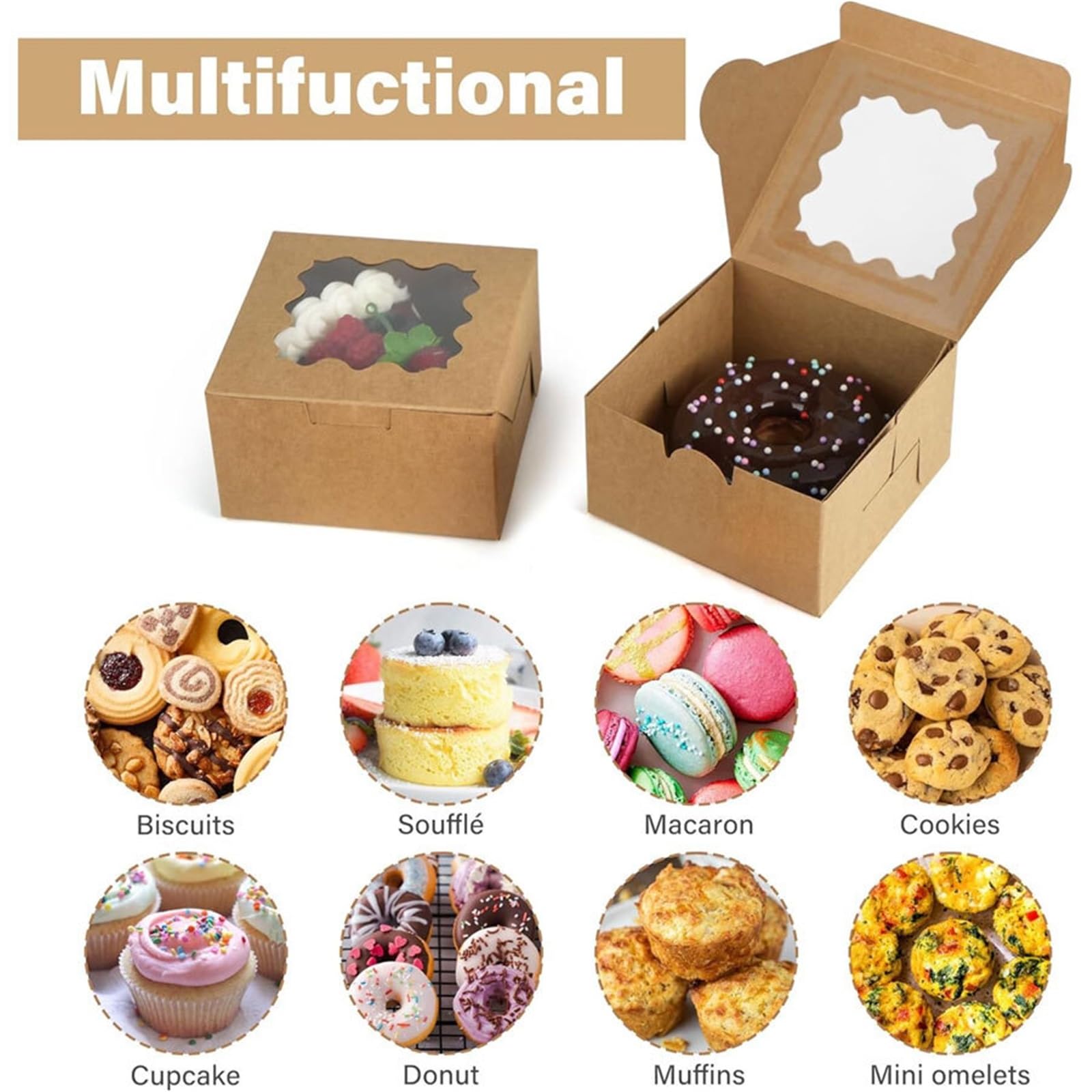 Caja Tarta de Cartón Con Ventana Transparente 50/100 Uds. Cajas for pasteles Kraft con ventana, 4x4x2,5 pulgadas, cajas de panadería for, chocolates y galletas(10Pcs)