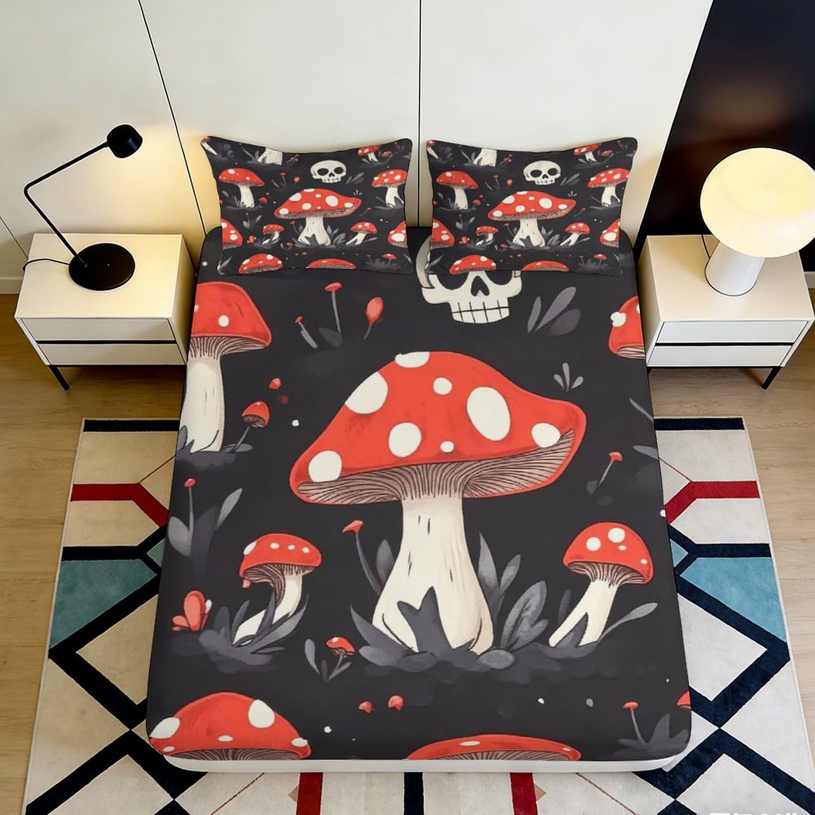 3D Printed Red Mushroom Fitted Sheet Microfiber Black Skull Bed Cover for Bedroom Dorm Room Mattress Protection Decor 90x200x25cm