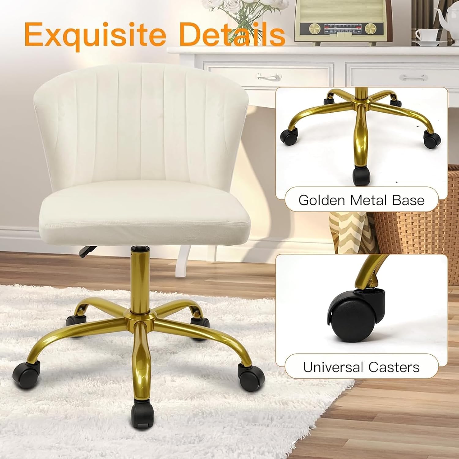 CLATINA Velvet Home Desk Chair with Gold Base Wheels, Adjustable Height Upholstered Comfortable Ergonomic Armless Modern Vanity Chairs, Swivel Task Chair for Study Dressing Bedroom Living Room, White