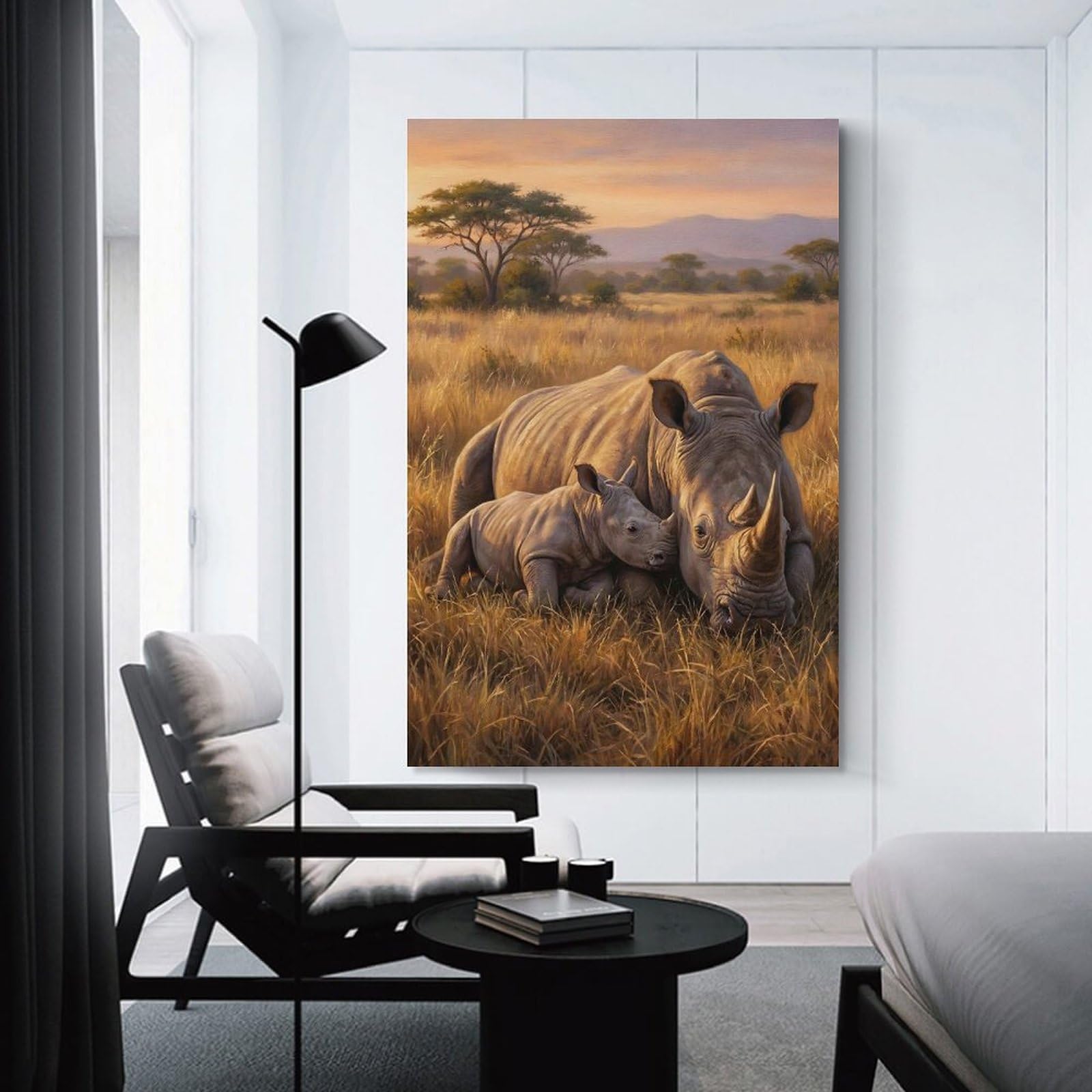Junmoney Rhino Mother And Calf in Savannah Wall Art Print 20x30inch(50x75cm), for Living Room, Bedroom Or Home Office, Thoughtful Wall Decor for Art Lovers