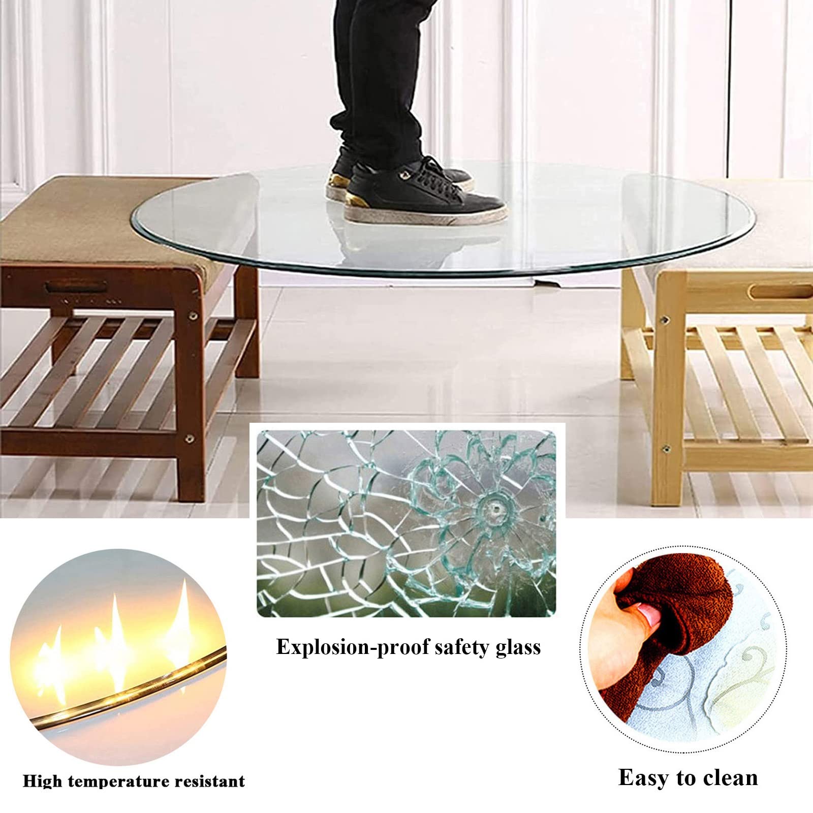 Plateau De Table Rond Verre Trempé 6mm 38-90cm pour Table Basse Jardin | Plateau De Table Verre Trempé Transparent Bord Biseauté Antis-Chaleur Facile Nettoyage(35Inch/88cm)