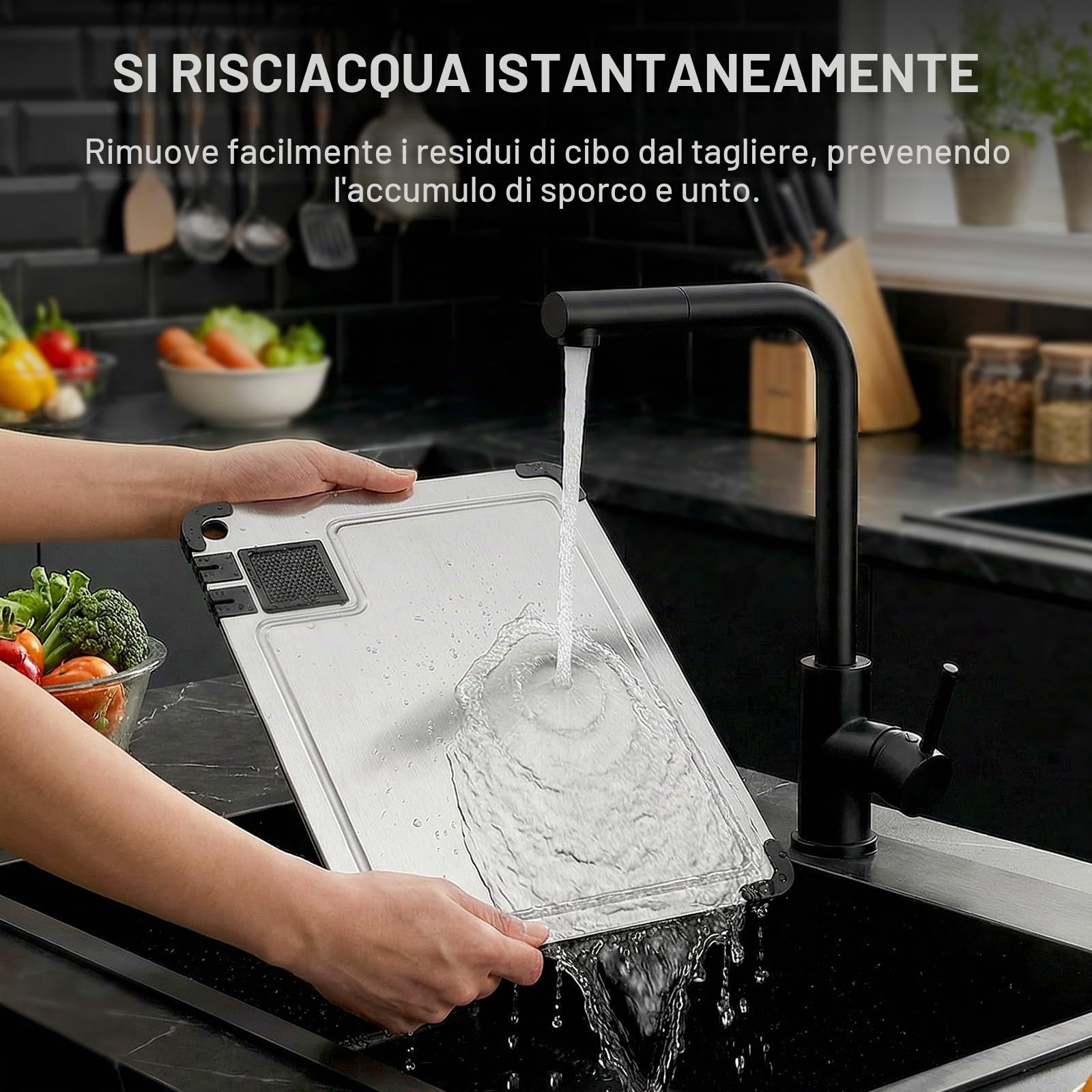 Tagliere in acciaio inox 316, Multifunzione Tagliere Cucina Tagliere in Acciaio Inossidabile Alimentare con affilacoltelli integrato, scanalatura e angoli in silicone antiscivolo