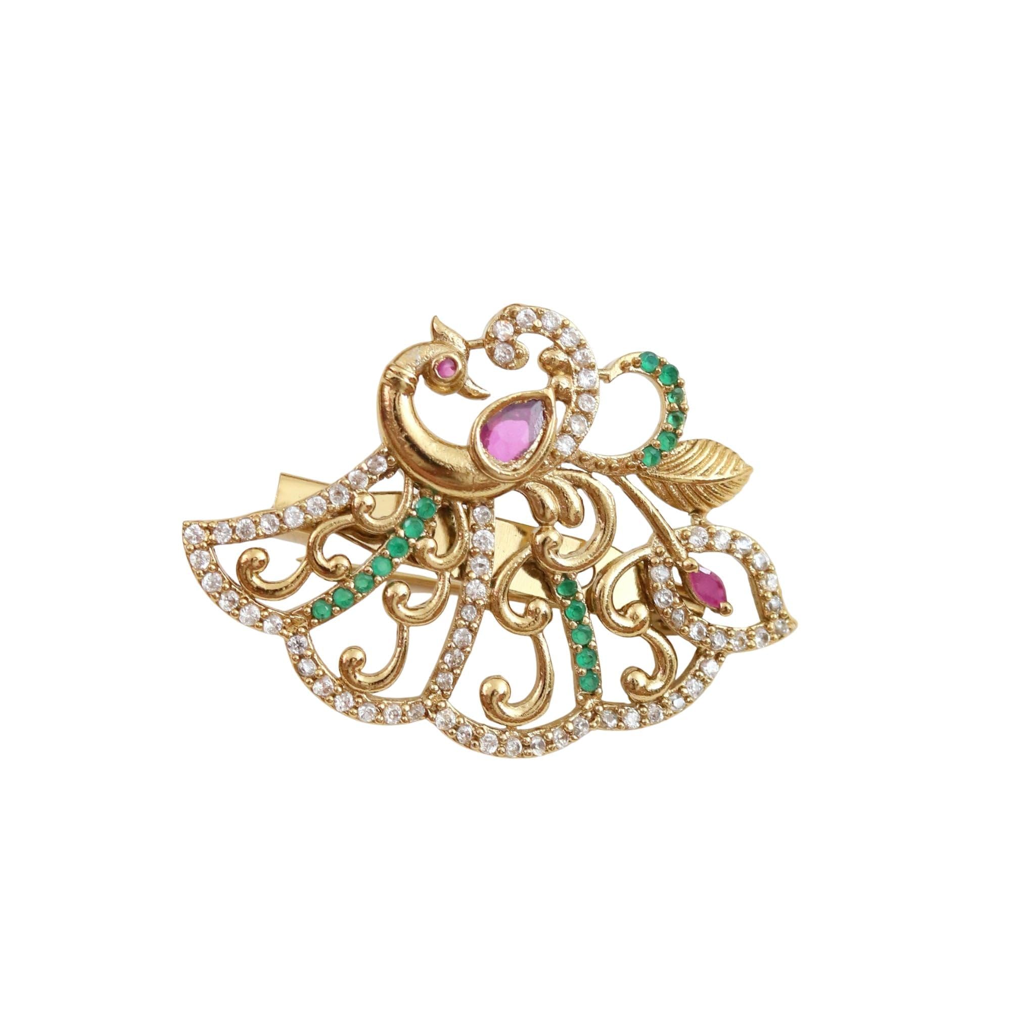 opal touch Elegant Antique Mehendi-Plated Peacock Saree Pin-picture-34