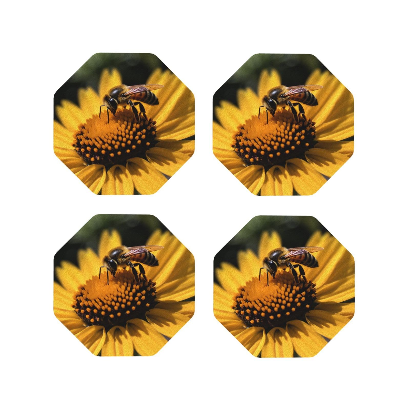 4Pcs PU Leather Coaster for Drinks, Yellow Flower with Black bee Cup Coastersr 4" Cup Mat Pad, Aesthetic Drink Coasters for Coffee Table, Octagon Coaster for Tabletop Protection