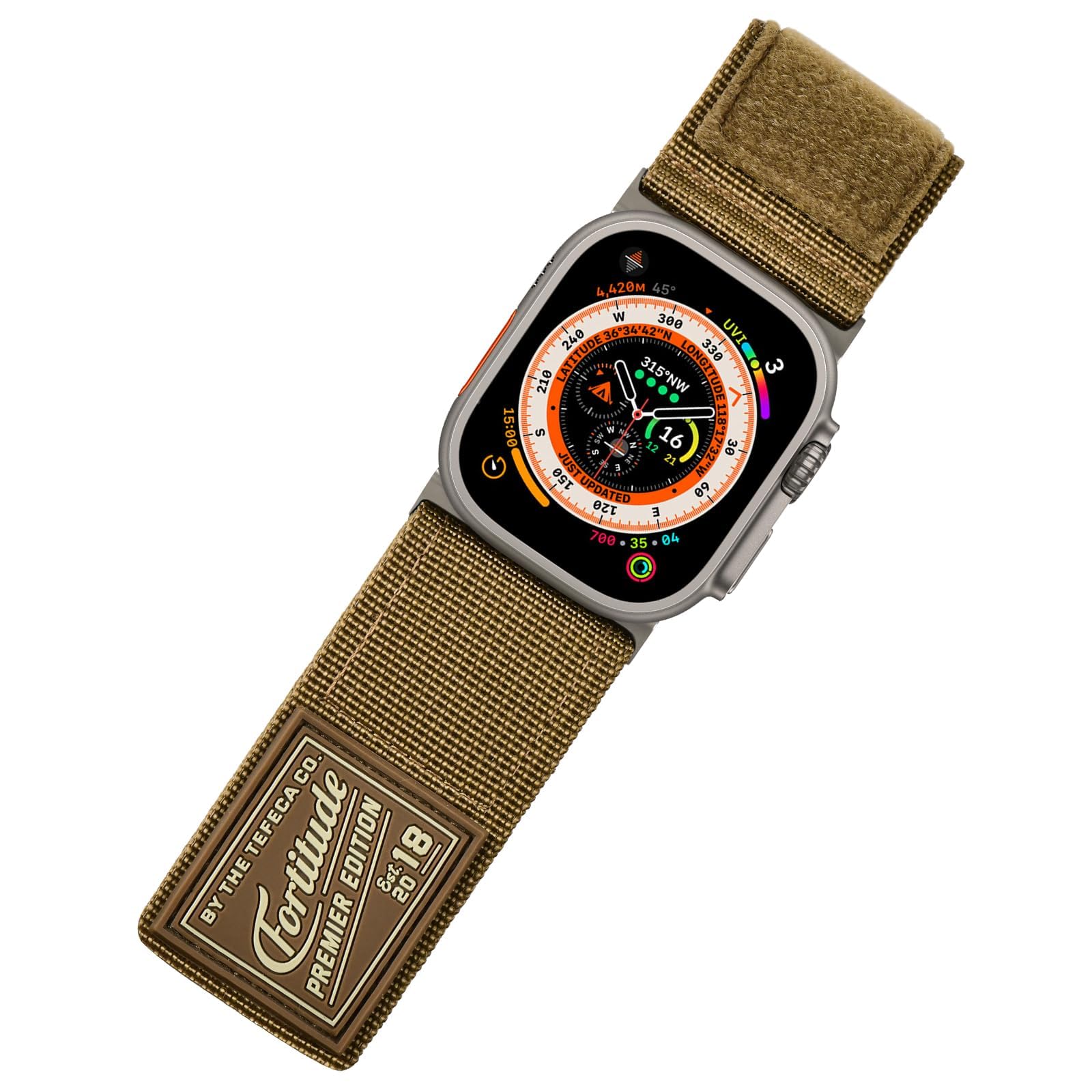 Tefeca Fortitude Series Ultrawide Band Compatible with Apple Watch Ultra/Ultra2 Series 9/8/SE2/7/6/SE/5/4/3/2/1(Coyote Tan with Silver Adapters