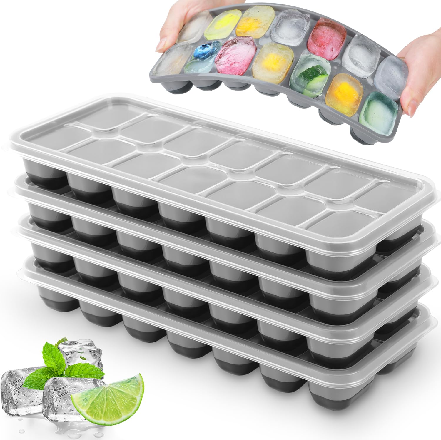 Set 4 Cubiteras con Tapa Silicone sin BPA Certificado LFGB Apilables Moldes Cubitos Hielo Cócteles Whisky
